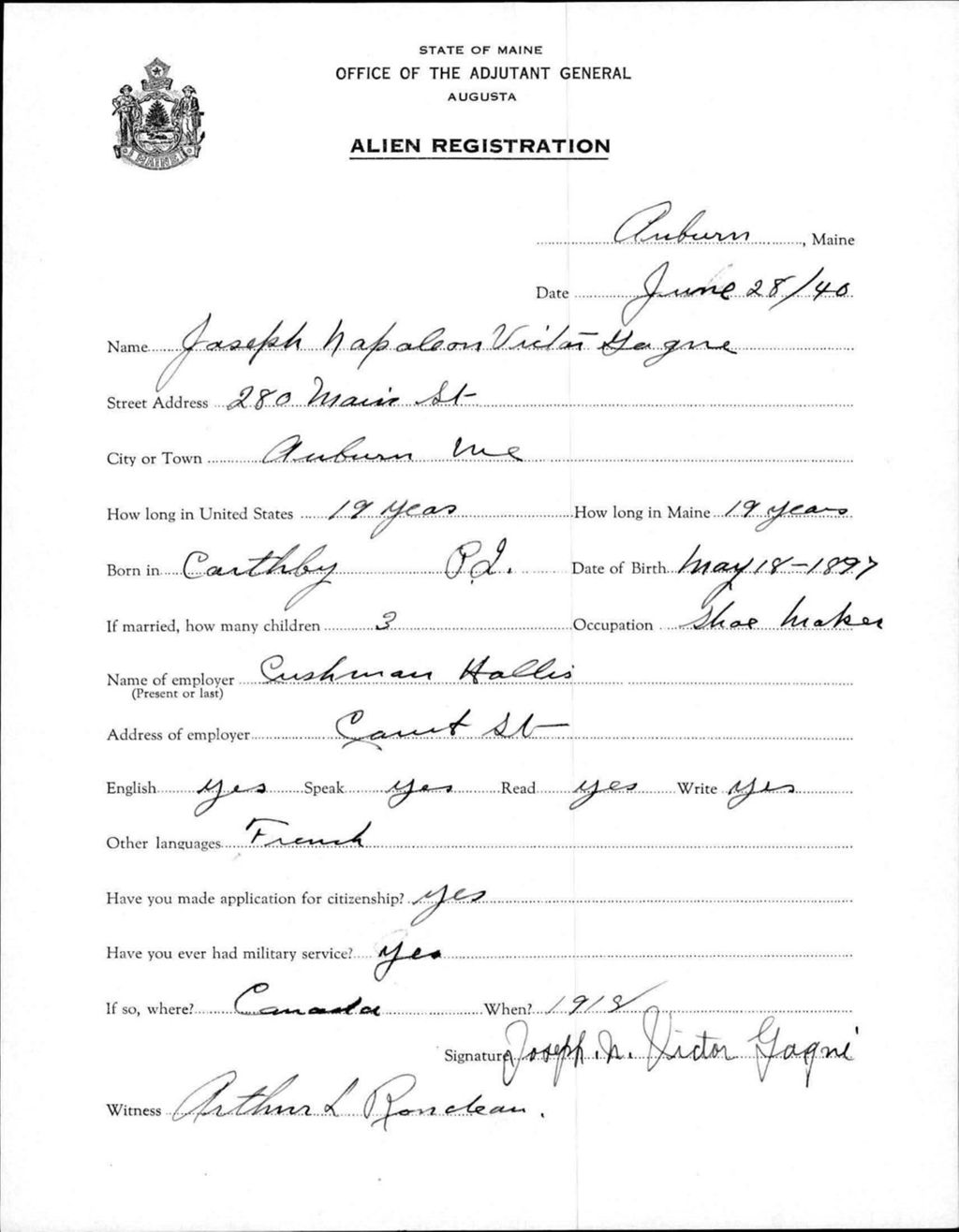 Miniature of Alien Registration- Gagne, Joseph Napoleon V. (Auburn, Androscoggin County)