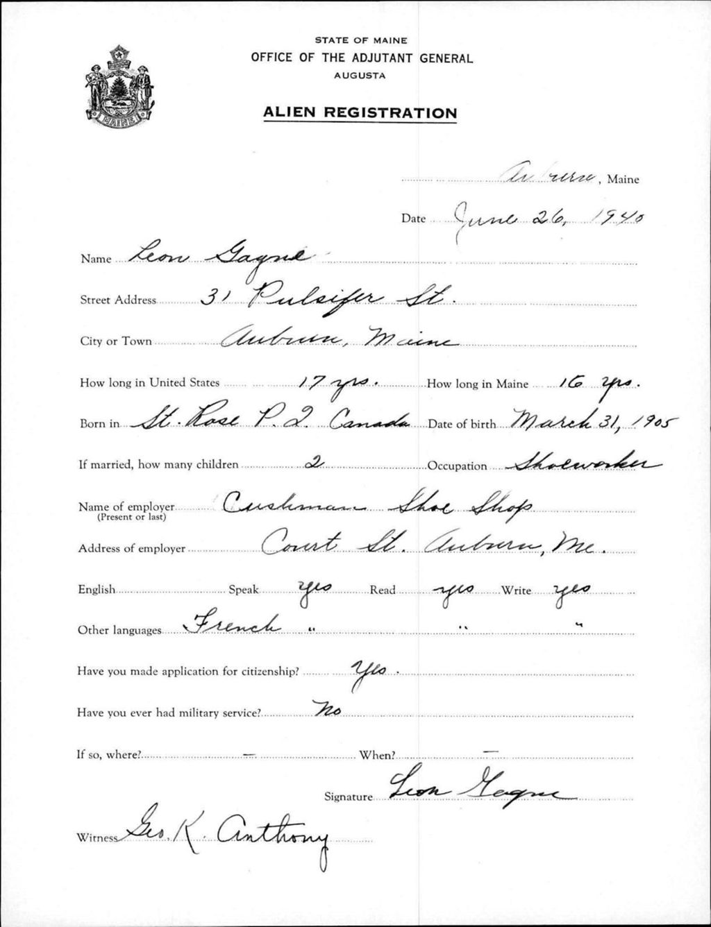 Miniature of Alien Registration- Gagne, Leon (Auburn, Androscoggin County)