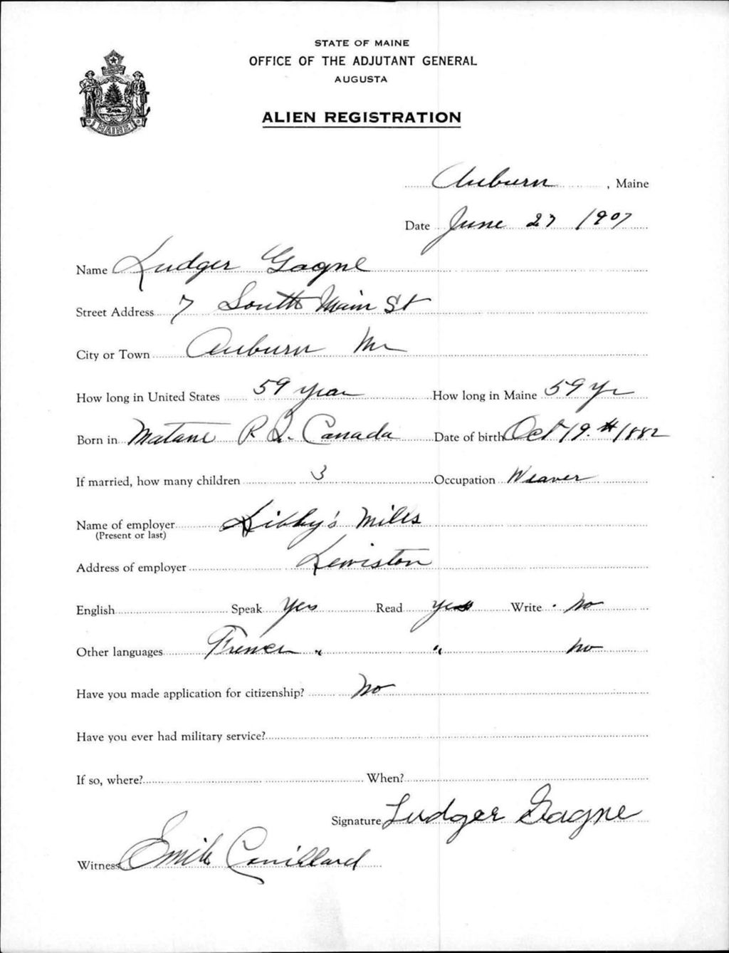 Miniature of Alien Registration- Gagne, Ludger (Auburn, Androscoggin County)