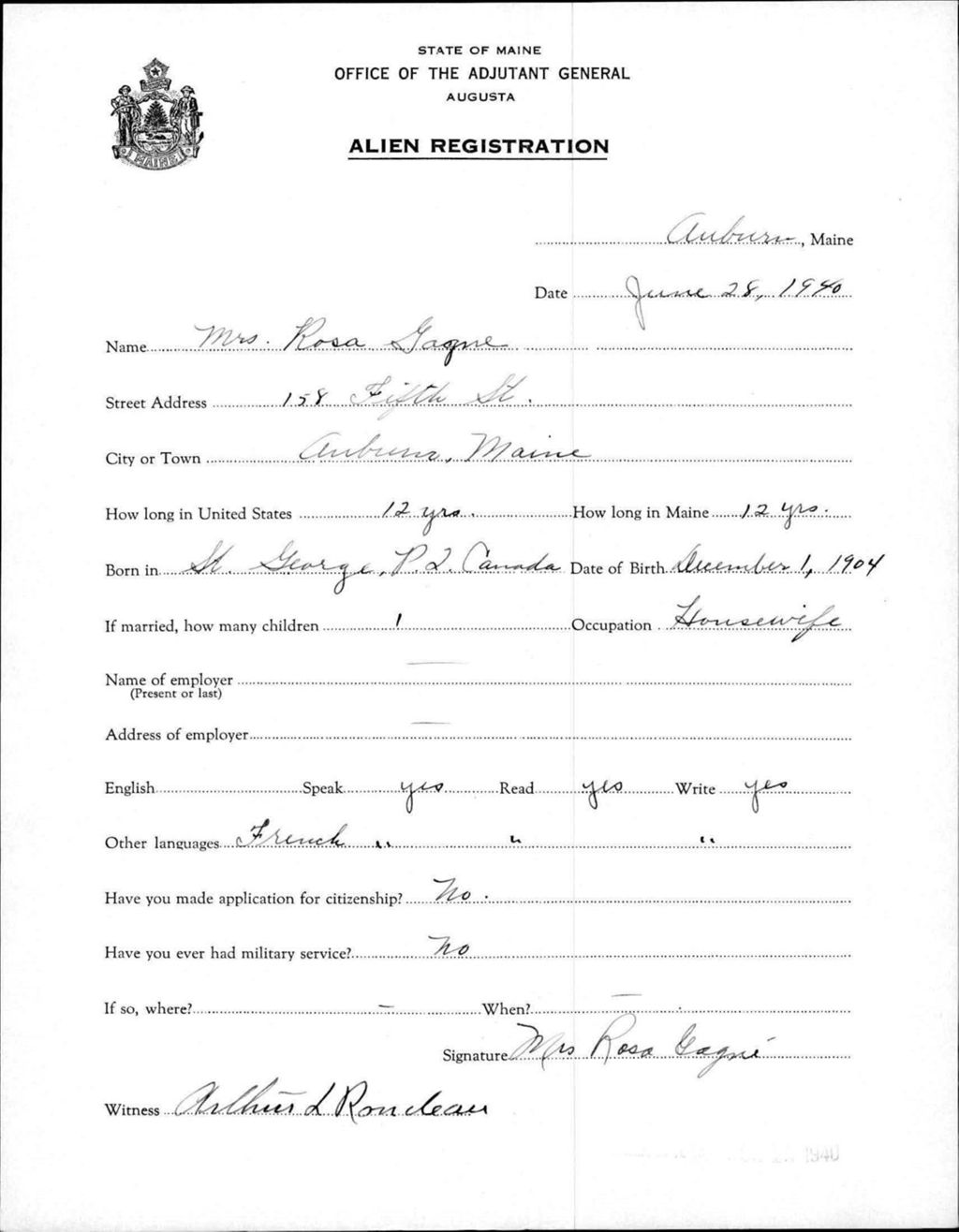 Miniature of Alien Registration- Gagne, Rosa (Auburn, Androscoggin County)