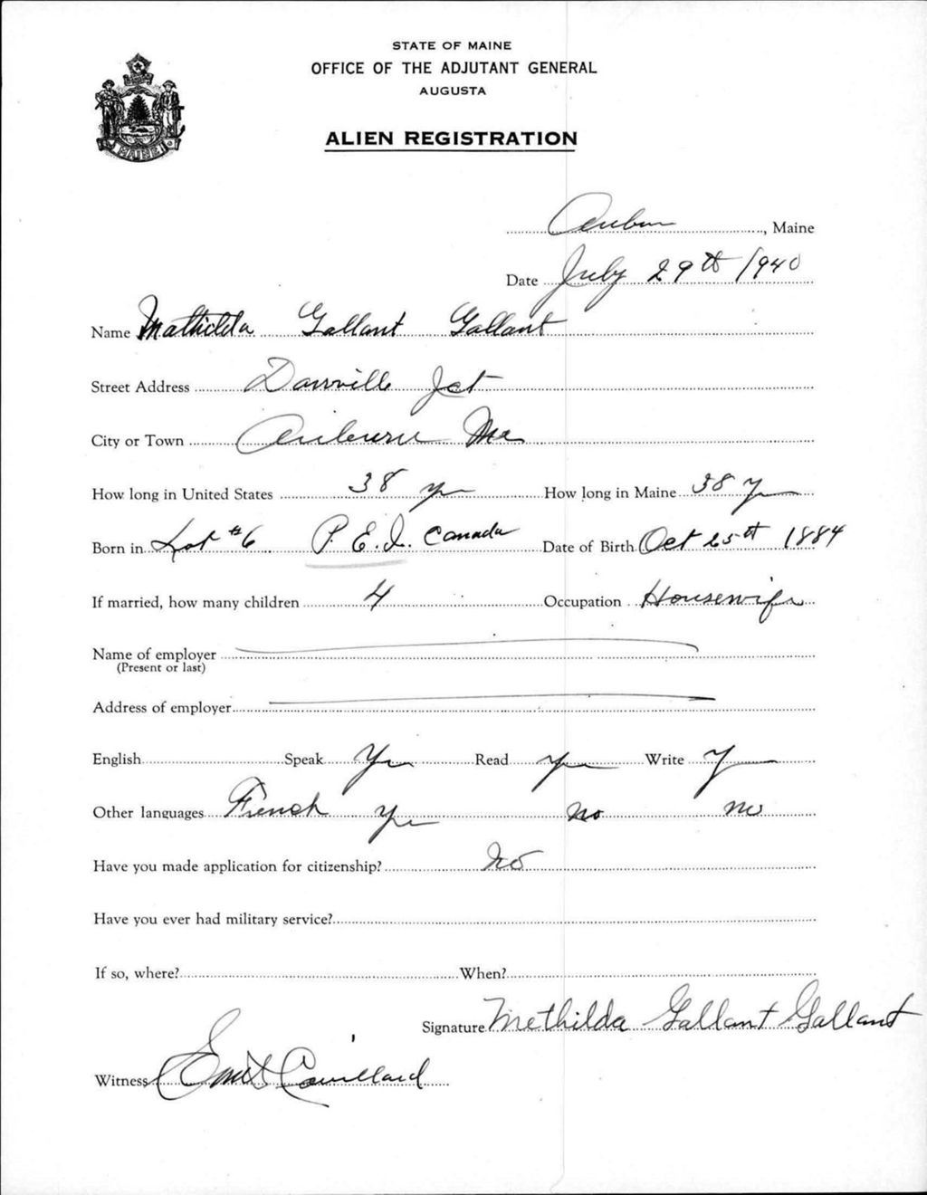 Miniature of Alien Registration- Gallant, Mathilda (Auburn, Androscoggin County)