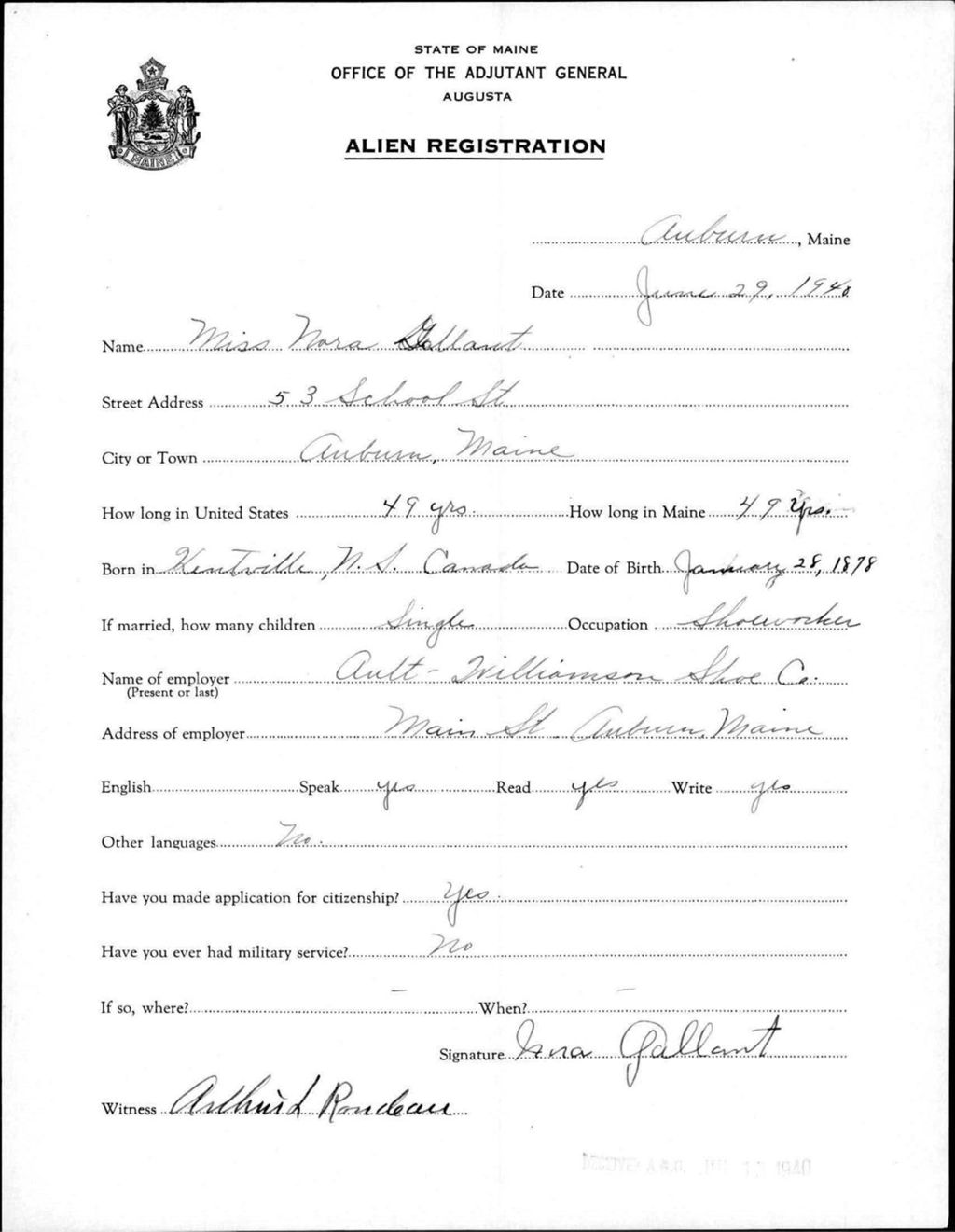Miniature of Alien Registration- Gallant, Nora (Auburn, Androscoggin County)
