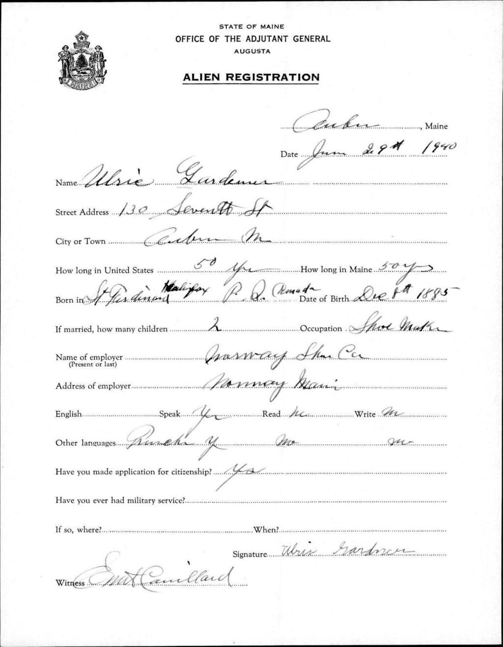 Miniature of Alien Registration- Gardner, Ulric (Auburn, Androscoggin County)