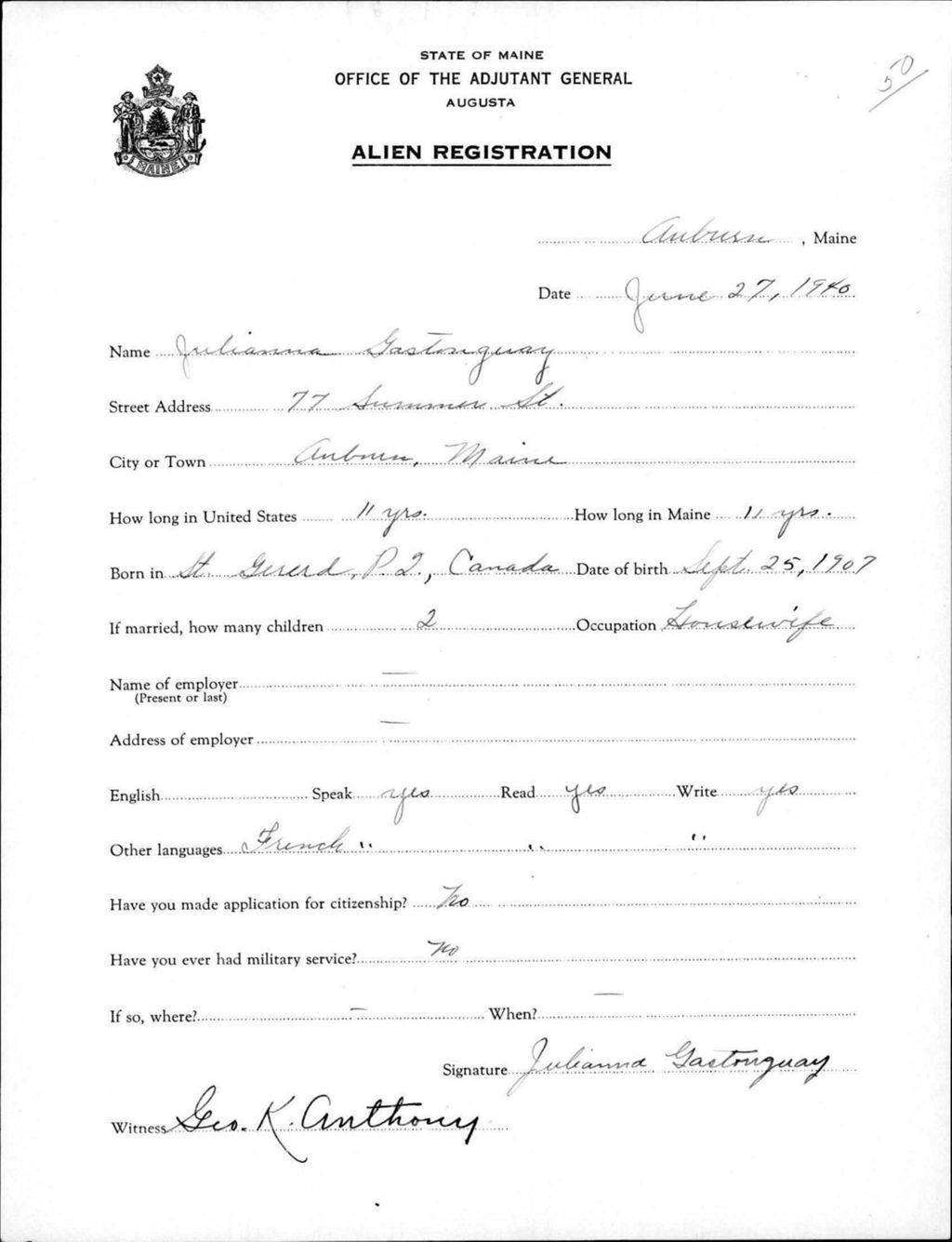 Miniature of Alien Registration- Gastonguay, Julianna (Auburn, Androscoggin County)