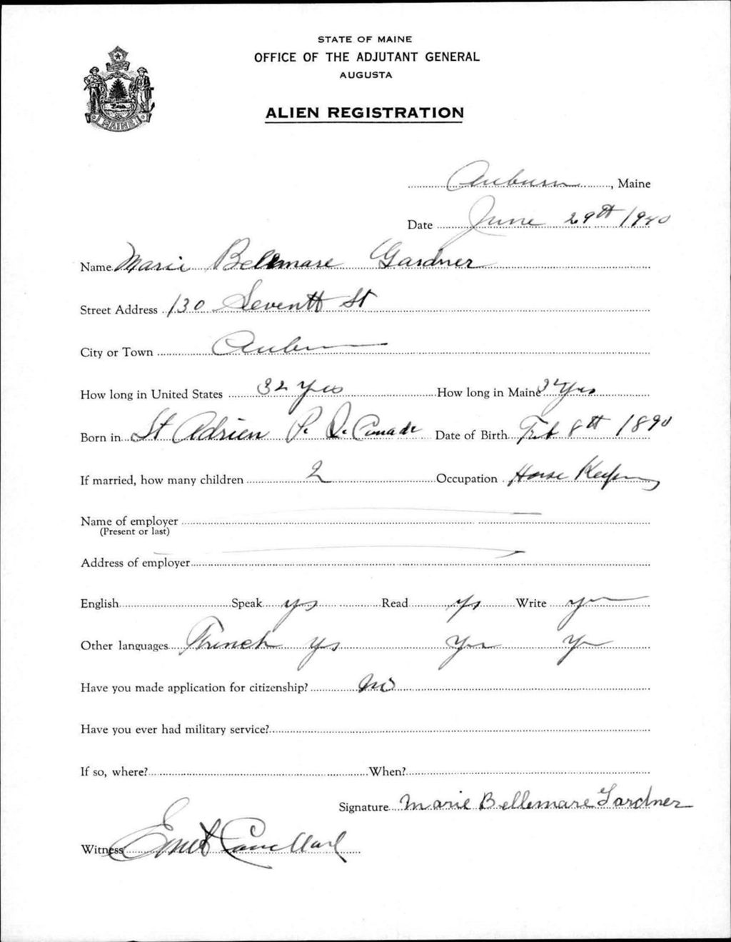 Miniature of Alien Registration- Bellemore, Marie (Auburn, Androscoggin County)