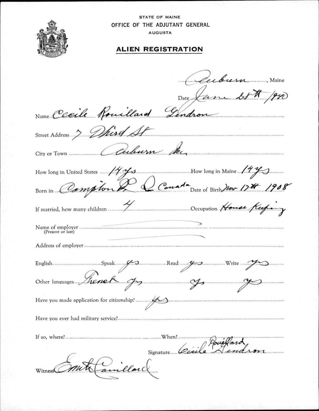 Miniature of Alien Registration- Rouillard, Cecile (Auburn, Androscoggin County)