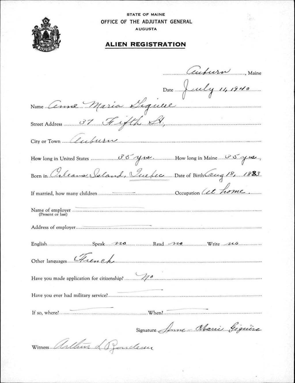 Miniature of Alien Registration- Giguere, Anne Maria (Auburn, Androscoggin County)