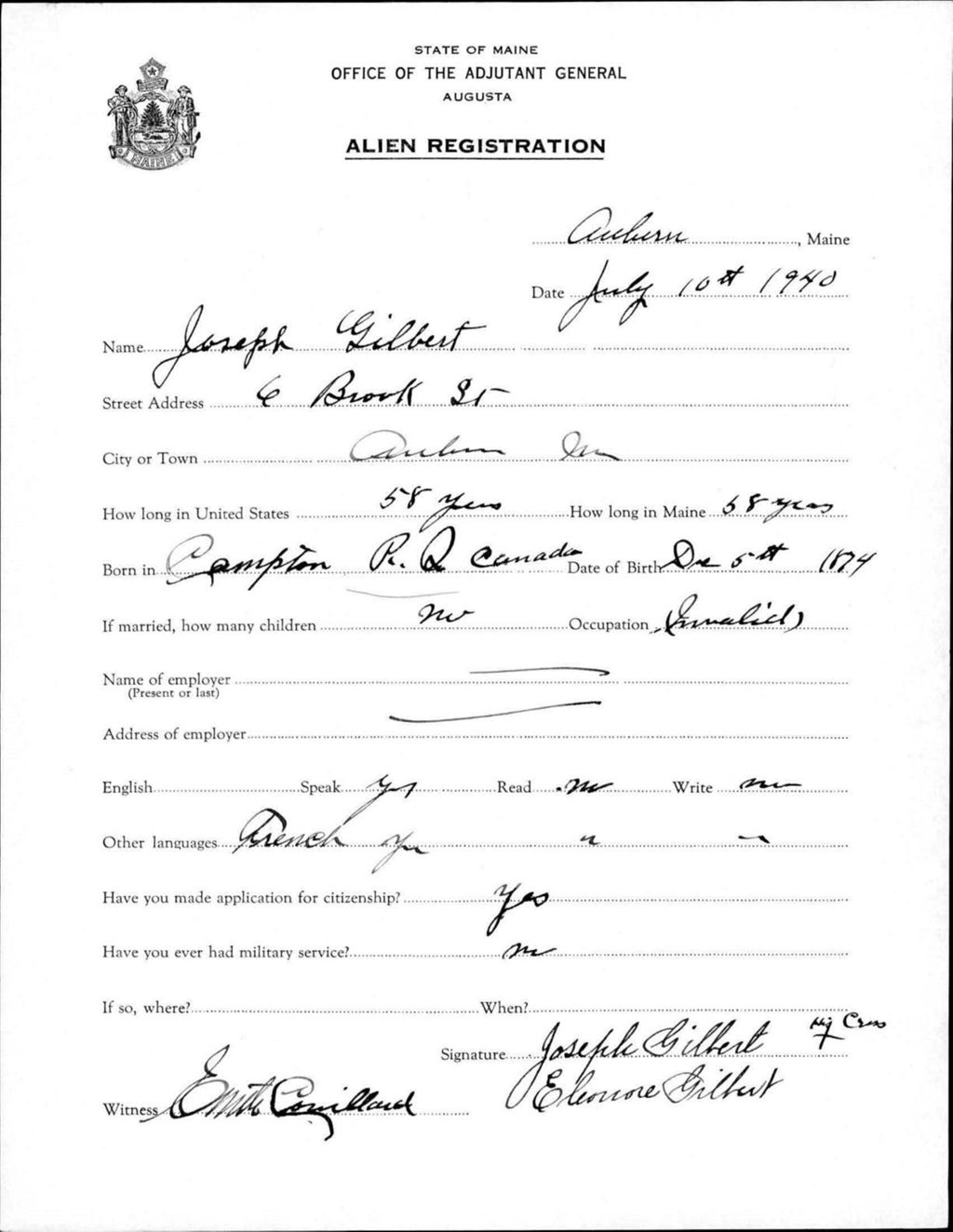Miniature of Alien Registration- Gilbert, Joseph (Auburn, Androscoggin County)