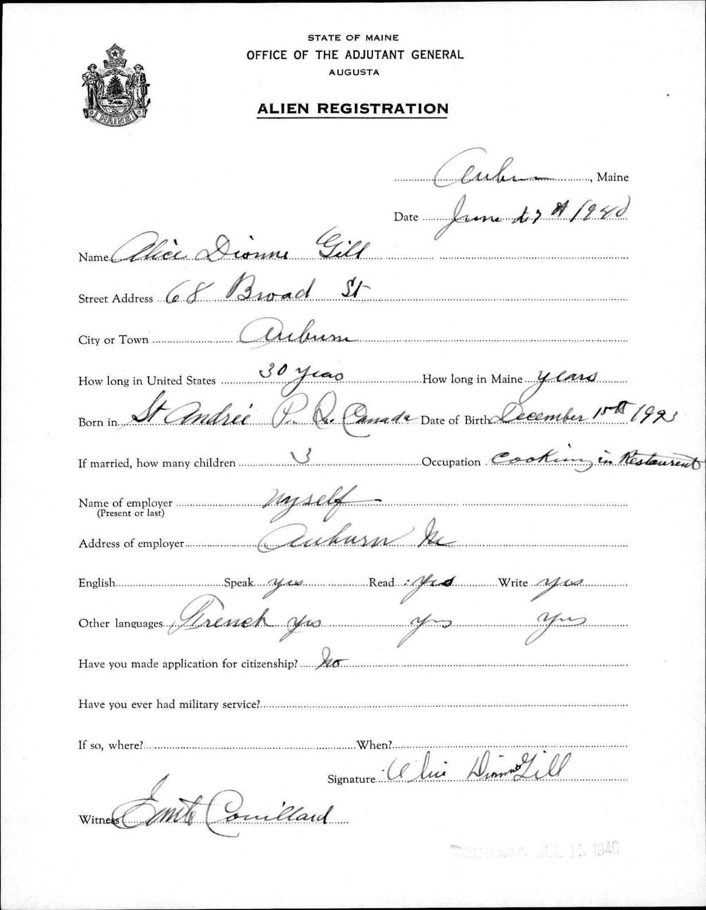 Miniature of Alien Registration- Dionne, Alice (Auburn, Androscoggin County)