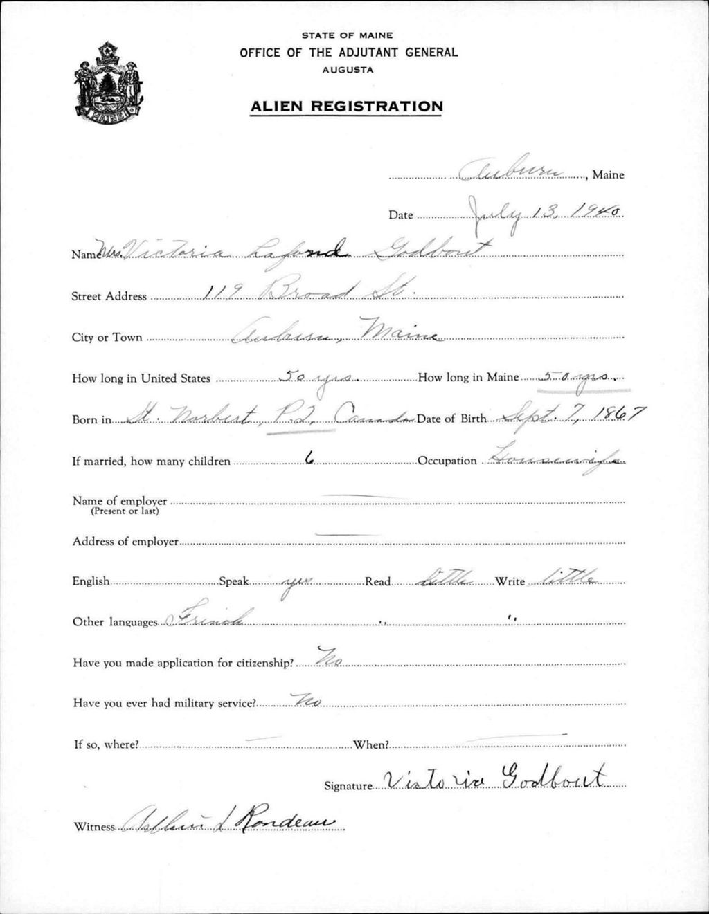 Miniature of Alien Registration- Lafond, Victoria (Auburn, Androscoggin County)