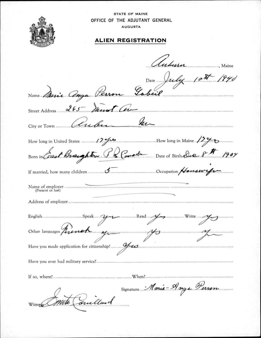 Miniature of Alien Registration- Perron, Marie A. (Auburn, Androscoggin County)