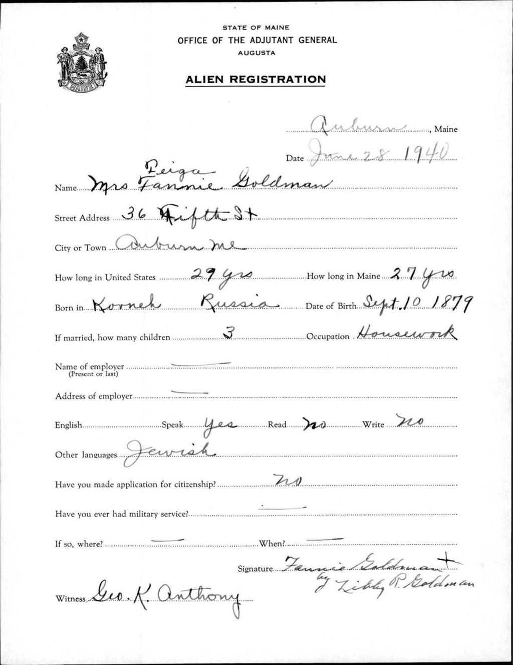 Miniature of Alien Registration- Goldman, Fannie (Auburn, Androscoggin County)