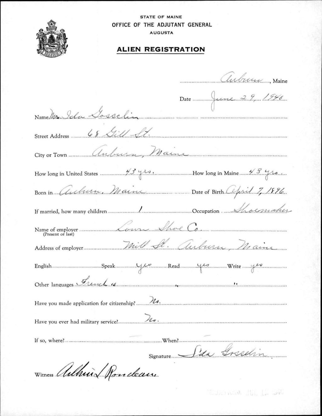 Miniature of Alien Registration- Gosselin, Ida (Auburn, Androscoggin County)
