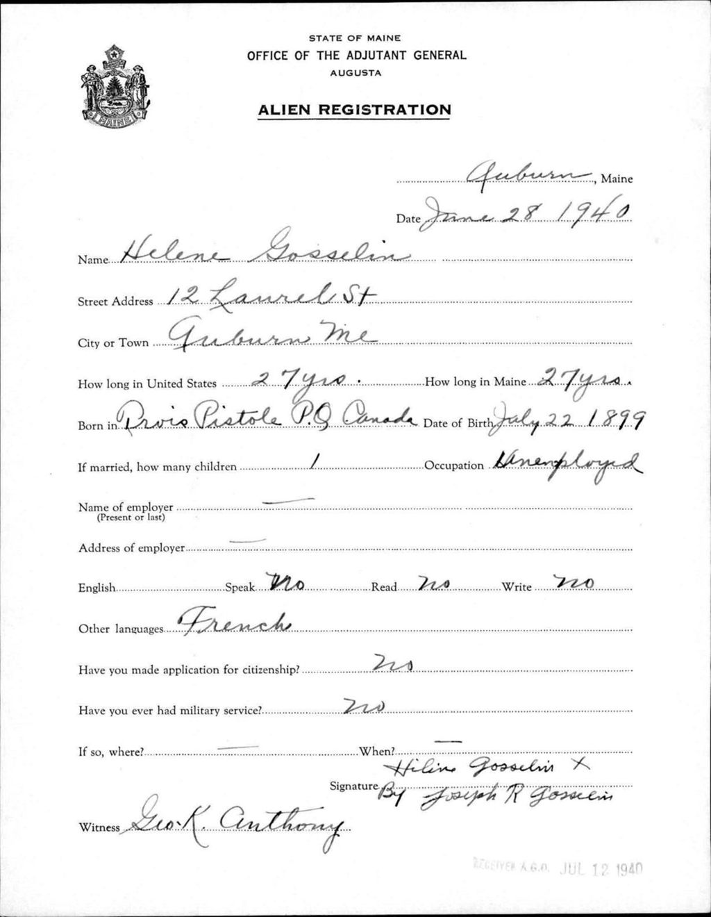 Miniature of Alien Registration- Gosselin, Helene (Auburn, Androscoggin County)