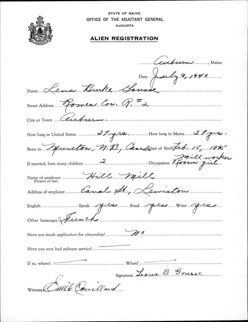 Miniature of Alien Registration- Burke, Lena (Auburn, Androscoggin County)