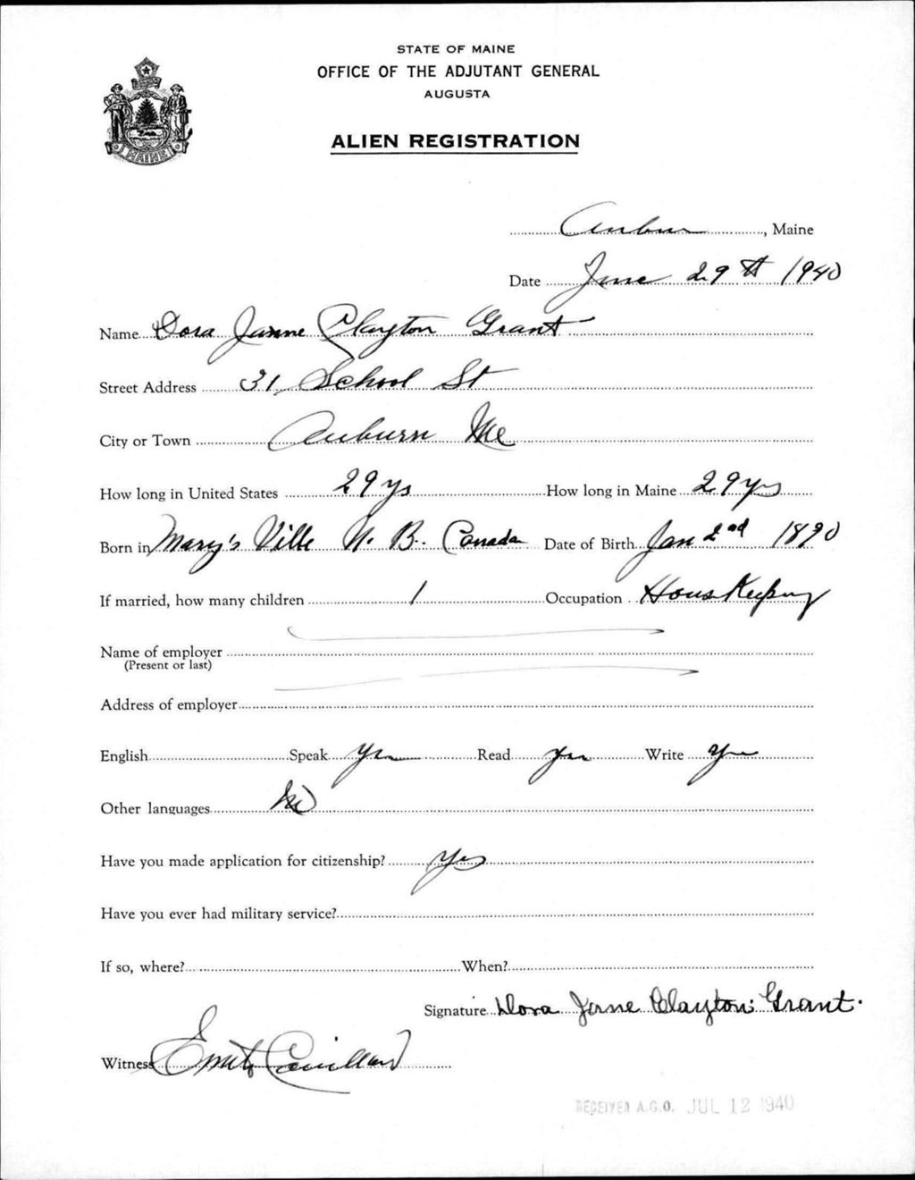 Miniature of Alien Registration- Clayton, Dora J. (Auburn, Androscoggin County)