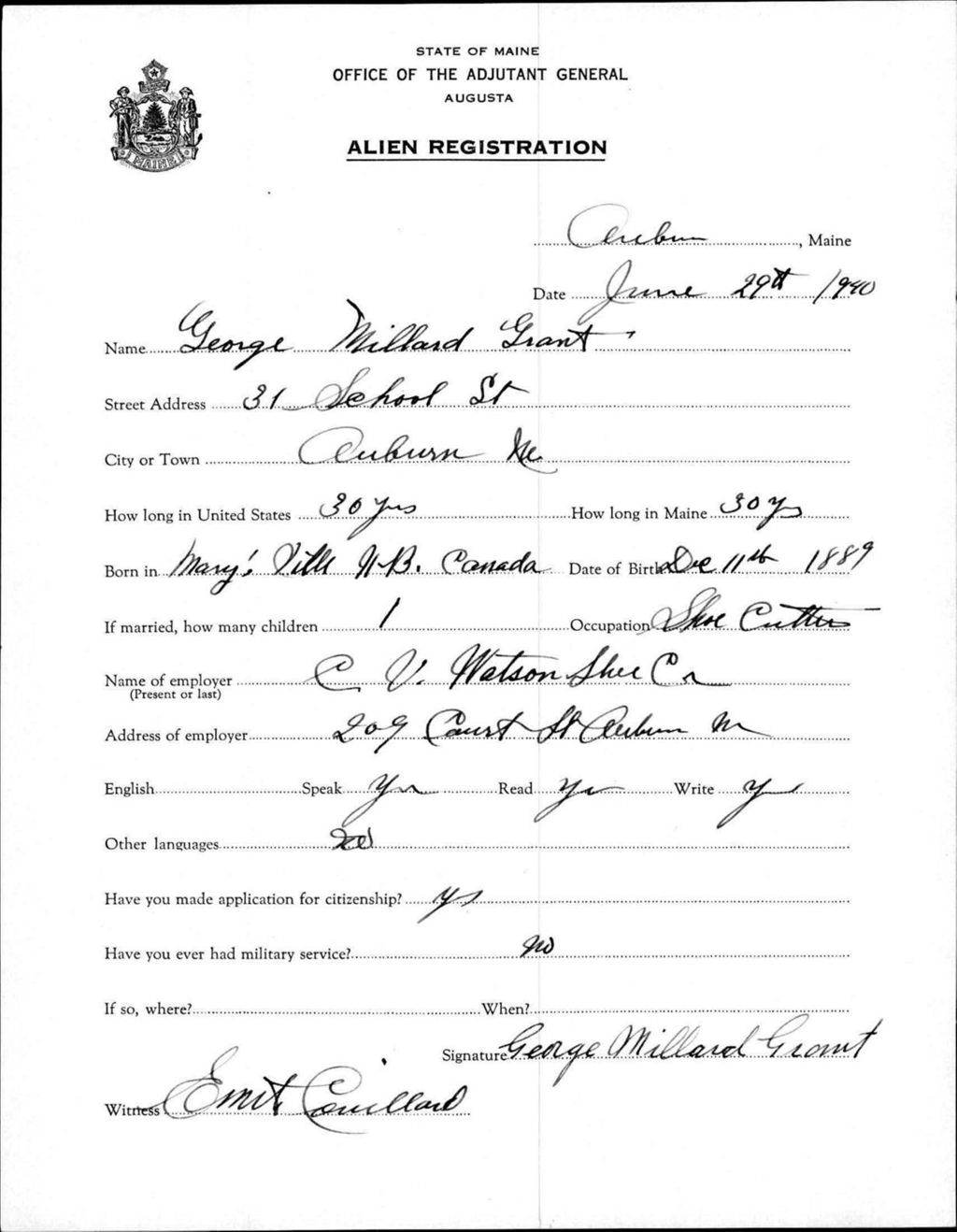 Miniature of Alien Registration- Grant, George M. (Auburn, Androscoggin County)