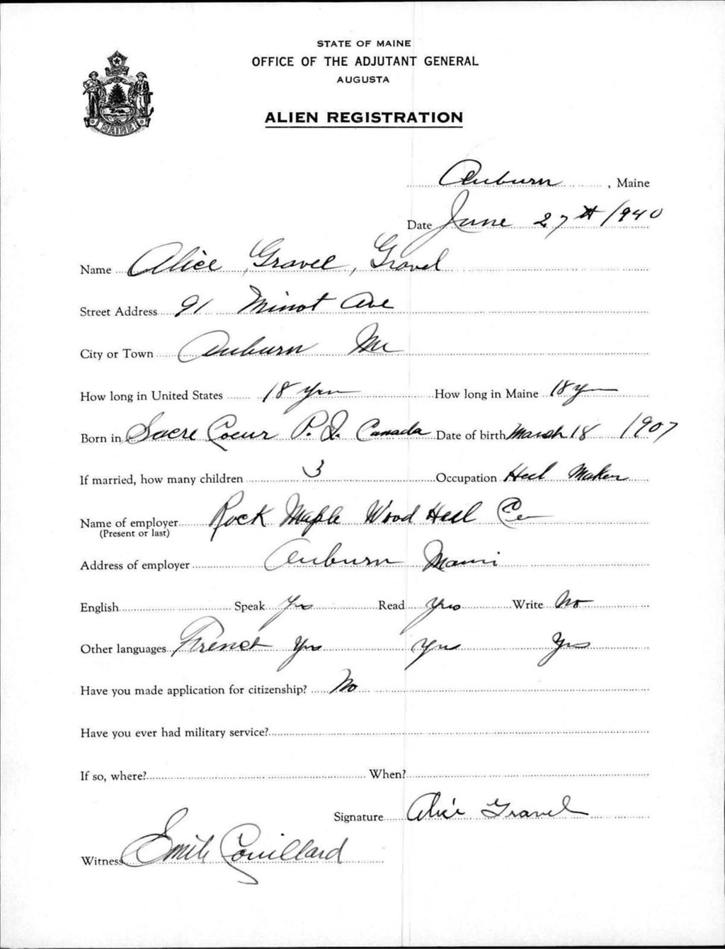 Miniature of Alien Registration- Gravel, Alice (Auburn, Androscoggin County)