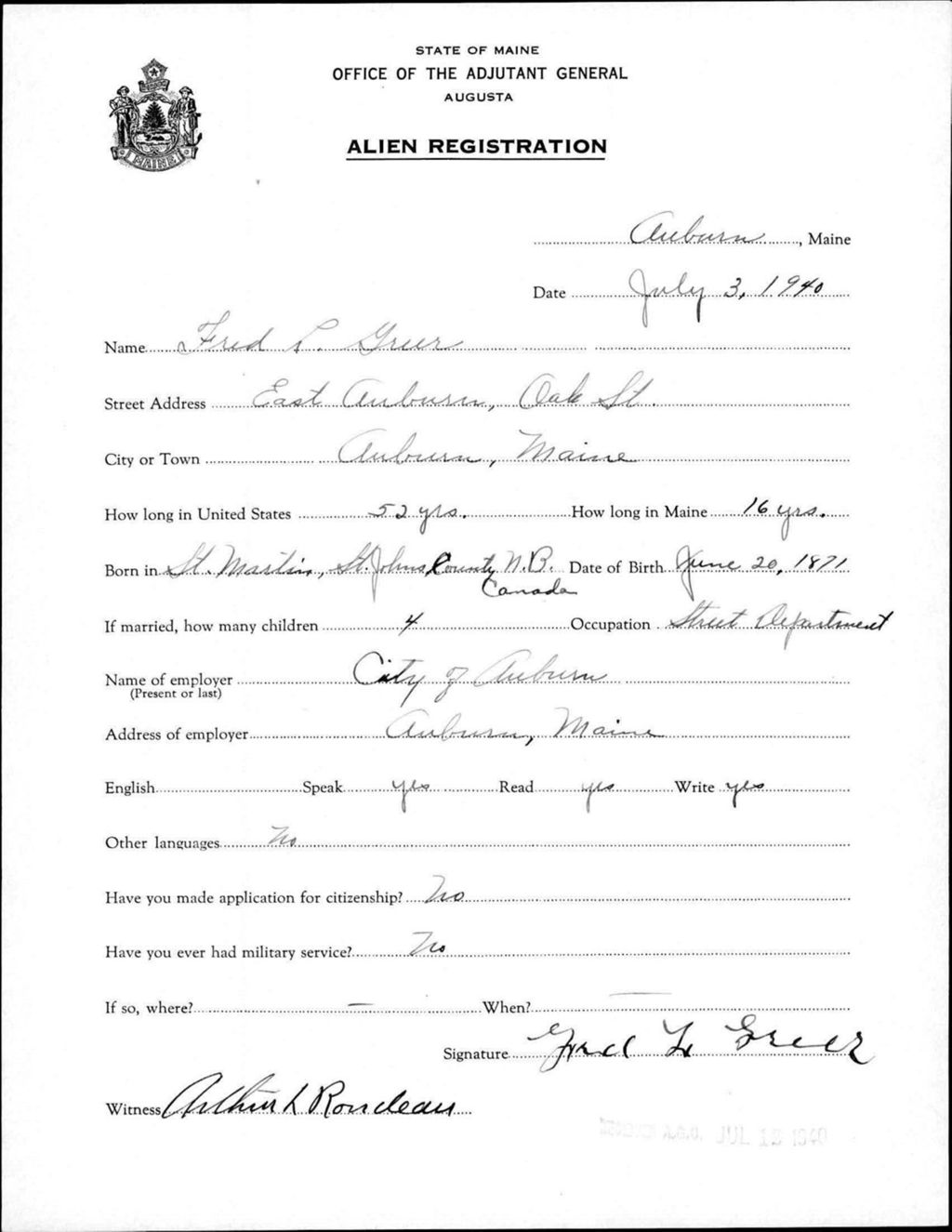 Miniature of Alien Registration- Greer, Fred L. (Auburn, Androscoggin County)