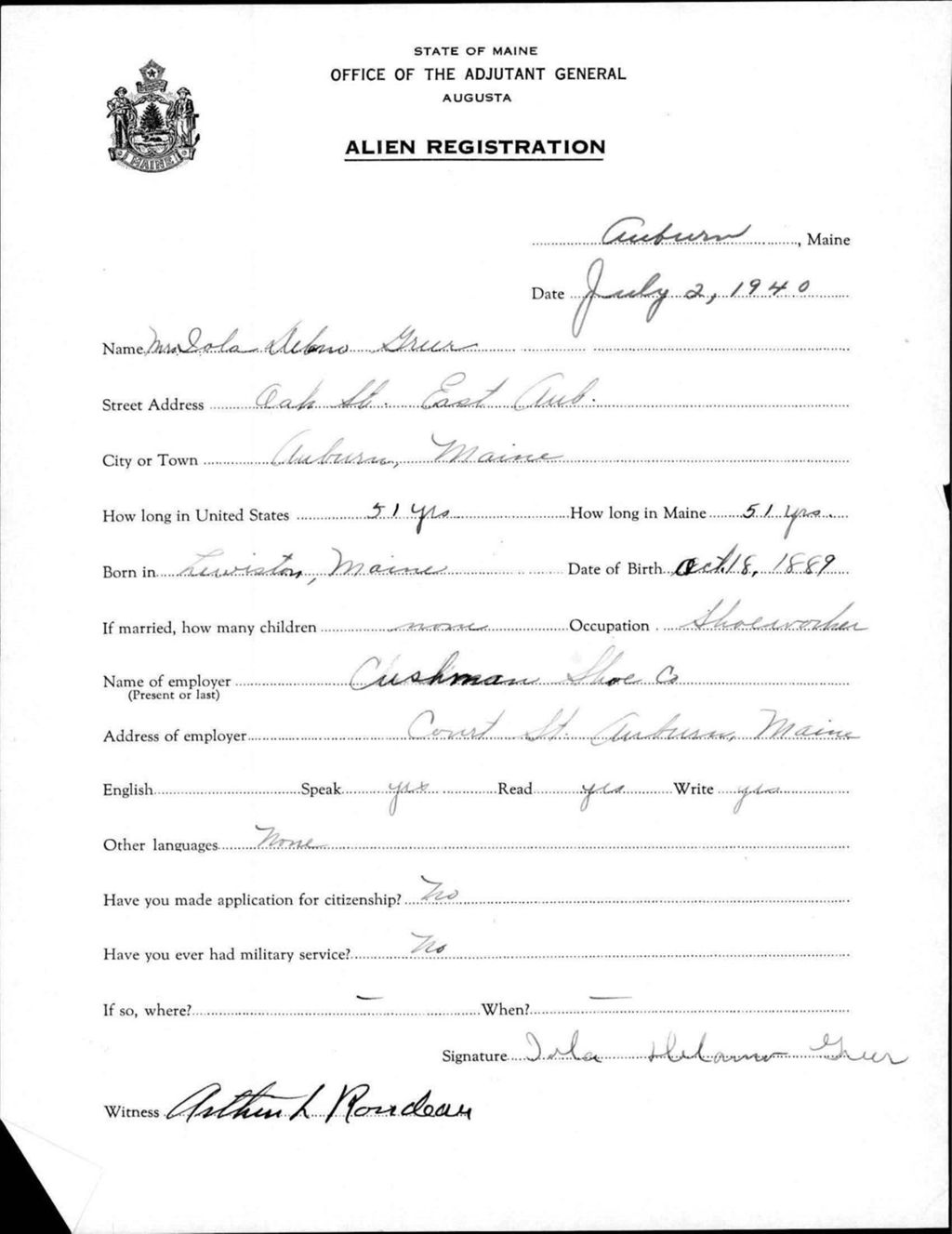 Miniature of Alien Registration- Delano, Iola (Auburn, Androscoggin County)