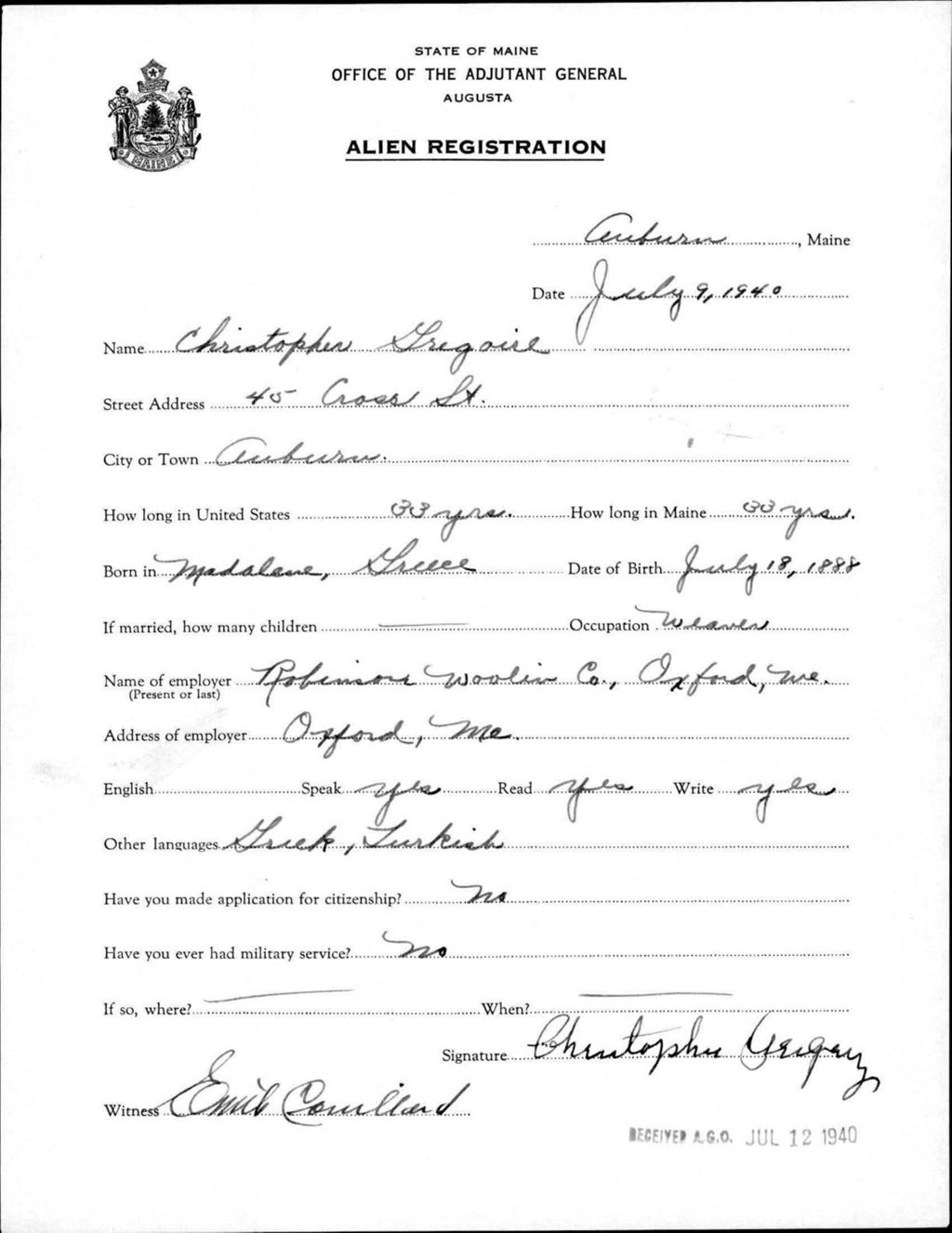 Miniature of Alien Registration- Gregoire, Christopher (Auburn, Androscoggin County)