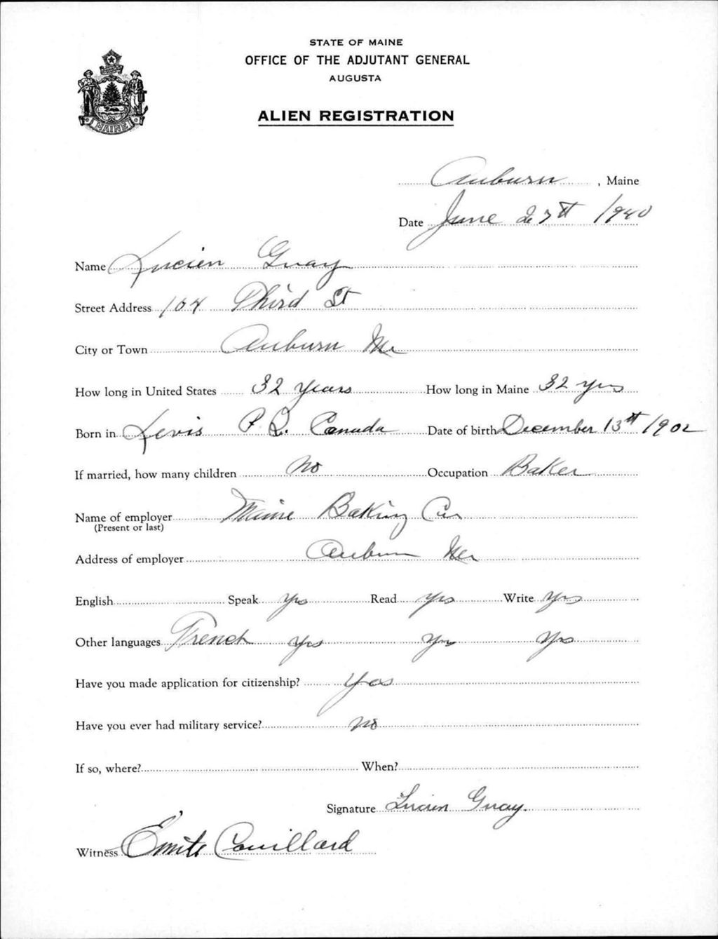 Miniature of Alien Registration- Guay, Lucien (Auburn, Androscoggin County)
