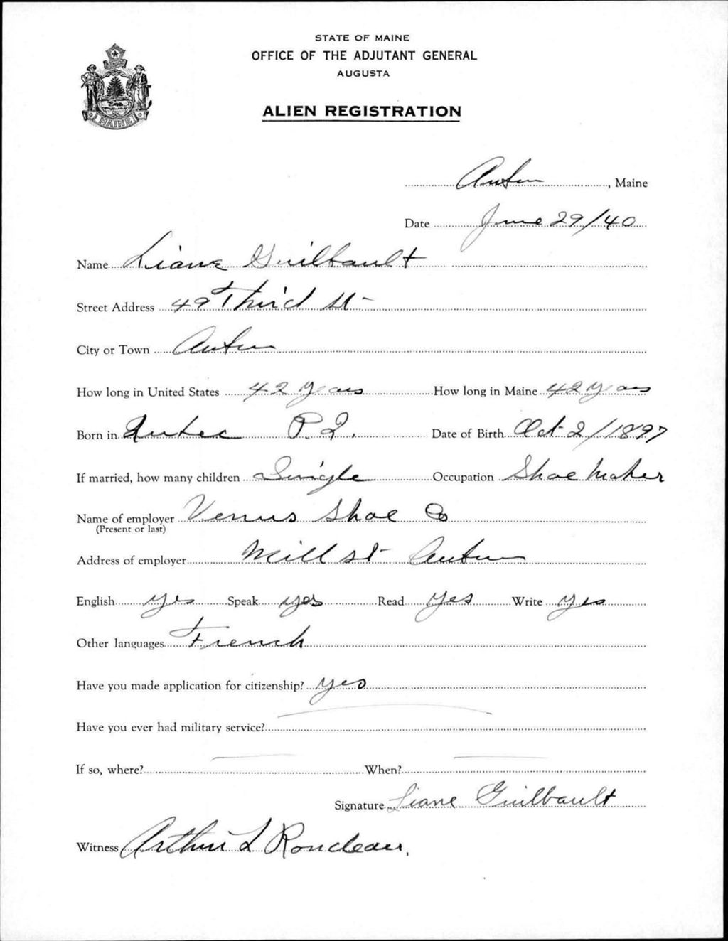 Miniature of Alien Registration- Guilbault, Diane (Auburn, Androscoggin County)