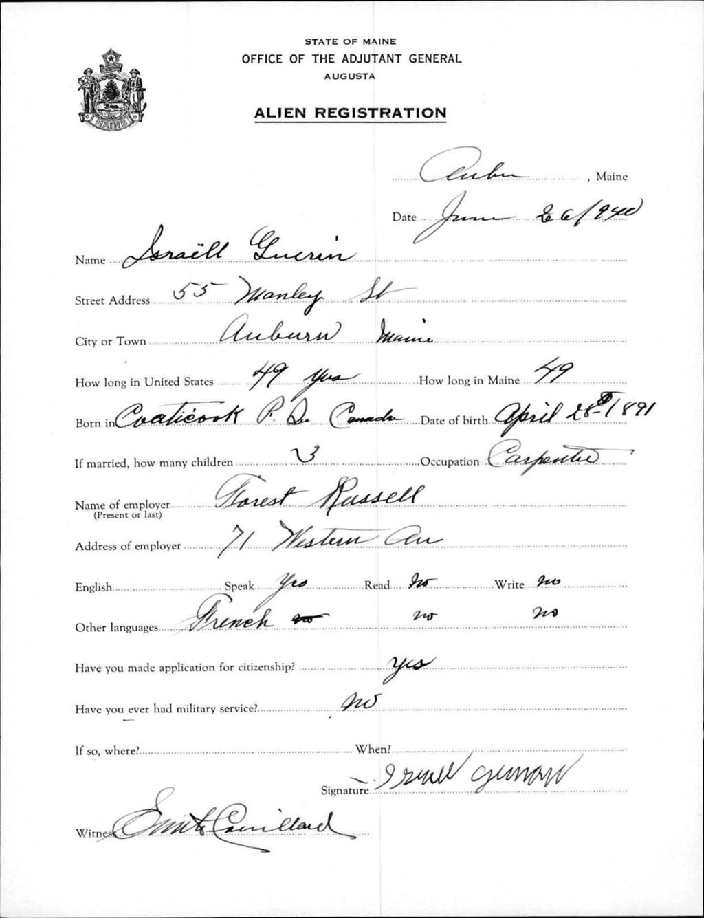 Miniature of Alien Registration- Guerin, Isreall (Auburn, Androscoggin County)