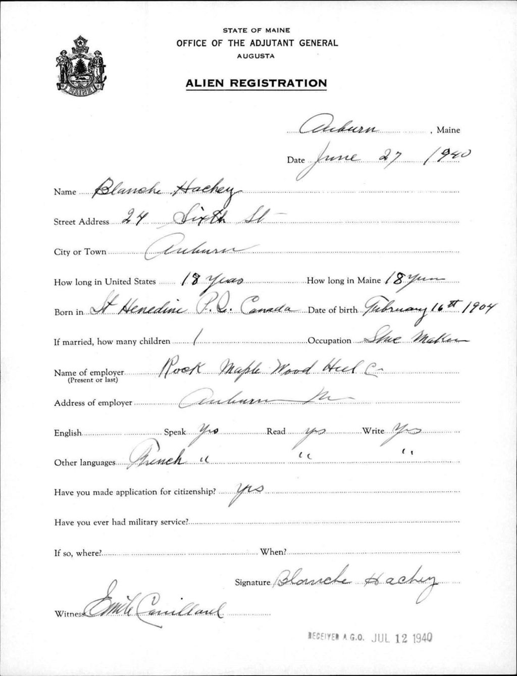 Miniature of Alien Registration- Hachey, Blanche (Auburn, Androscoggin County)
