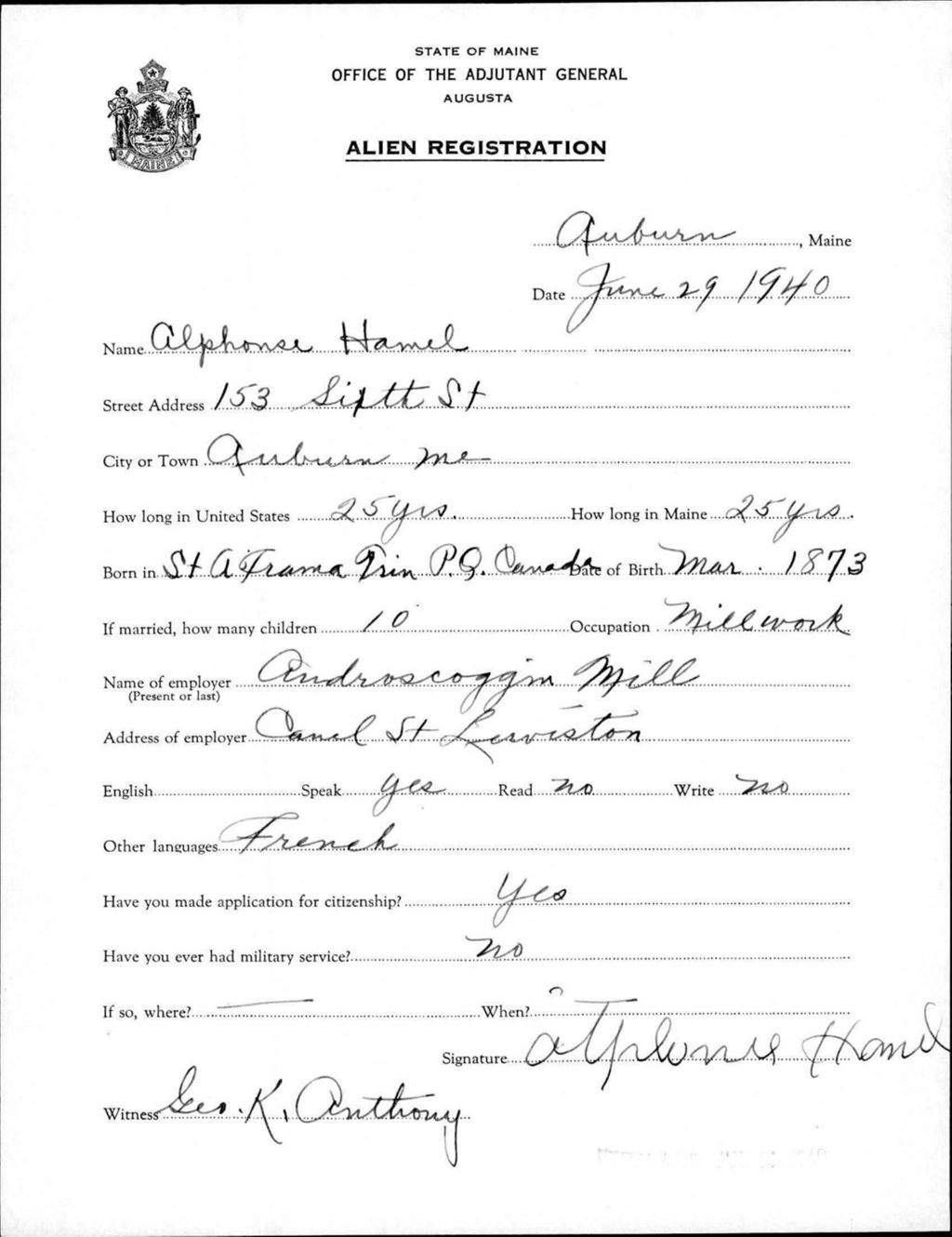 Miniature of Alien Registration- Hamel, Alphonse (Auburn, Androscoggin County)