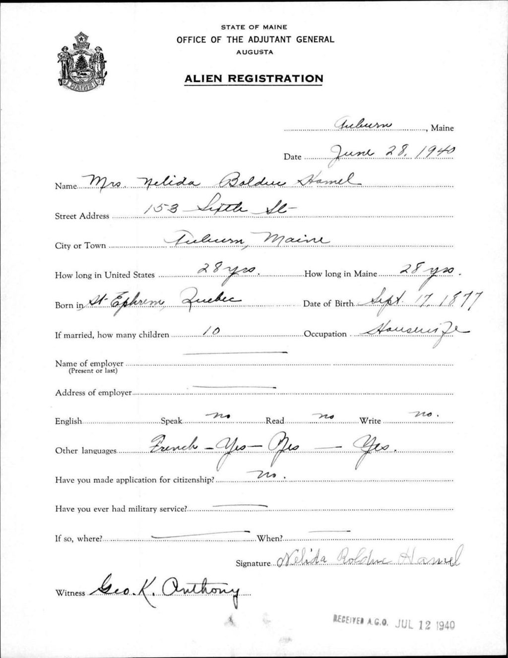 Miniature of Alien Registration- Bolduc, Nelida (Auburn, Androscoggin County)