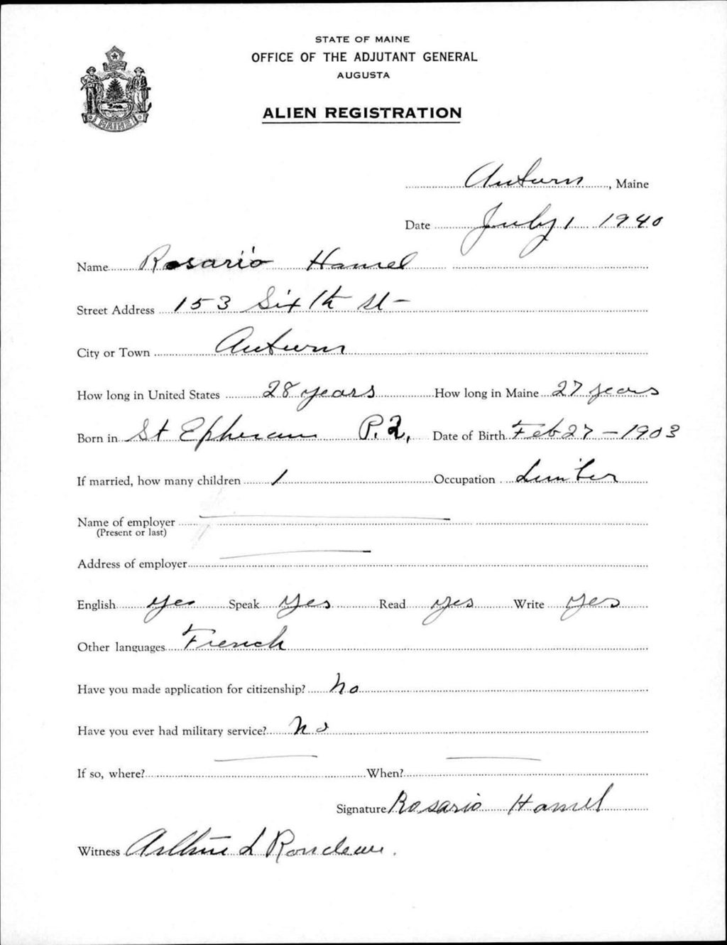 Miniature of Alien Registration- Hamel, Rosario (Auburn, Androscoggin County)