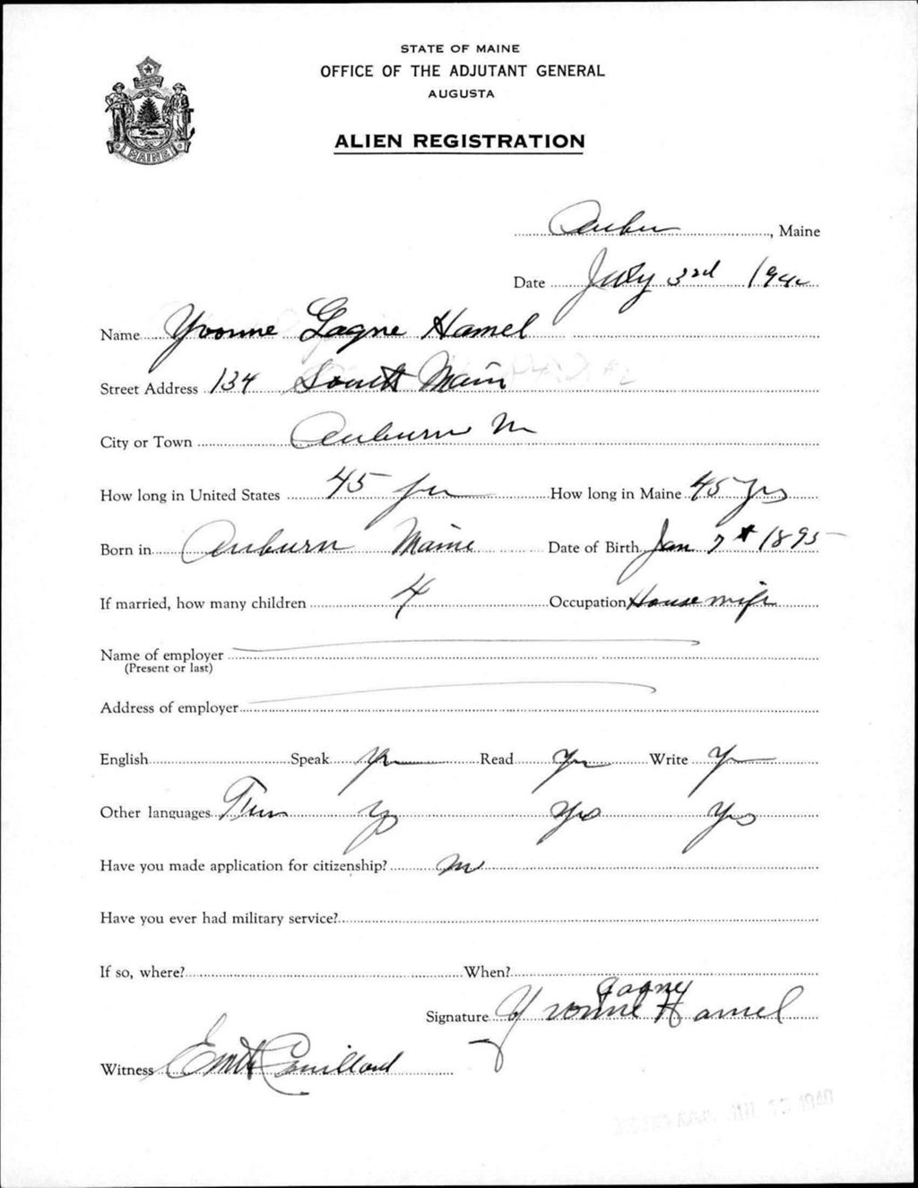 Miniature of Alien Registration- Gagne, Yvonne (Auburn, Androscoggin County)