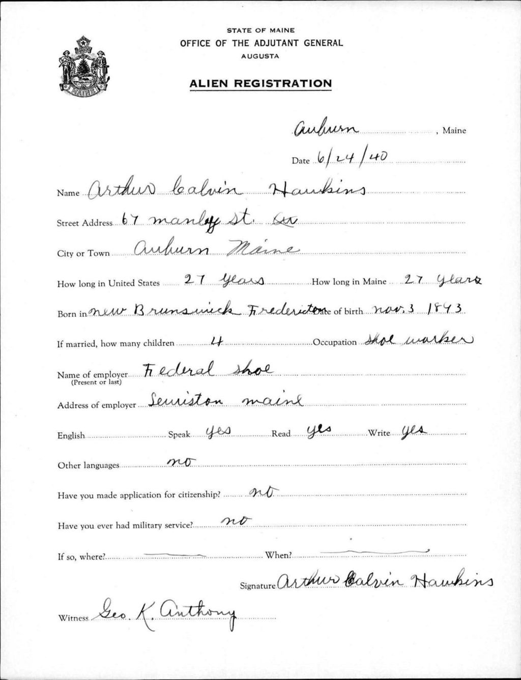 Miniature of Alien Registration- Hawkins, Arthur C. (Auburn, Androscoggin County)