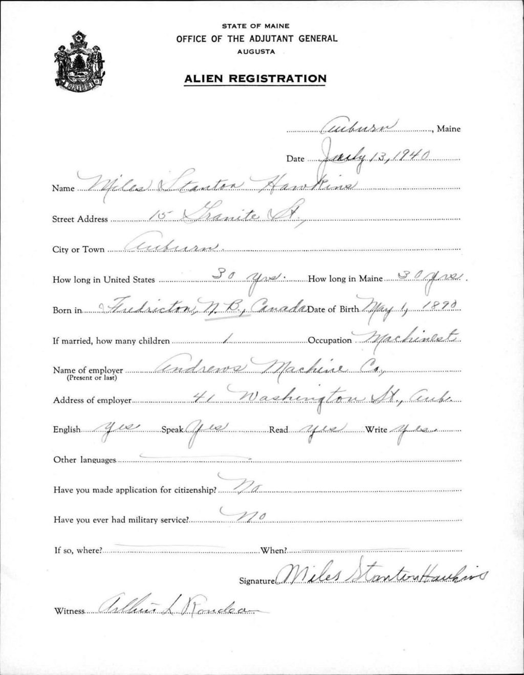 Miniature of Alien Registration- Hawkins, Miles S. (Auburn, Androscoggin County)