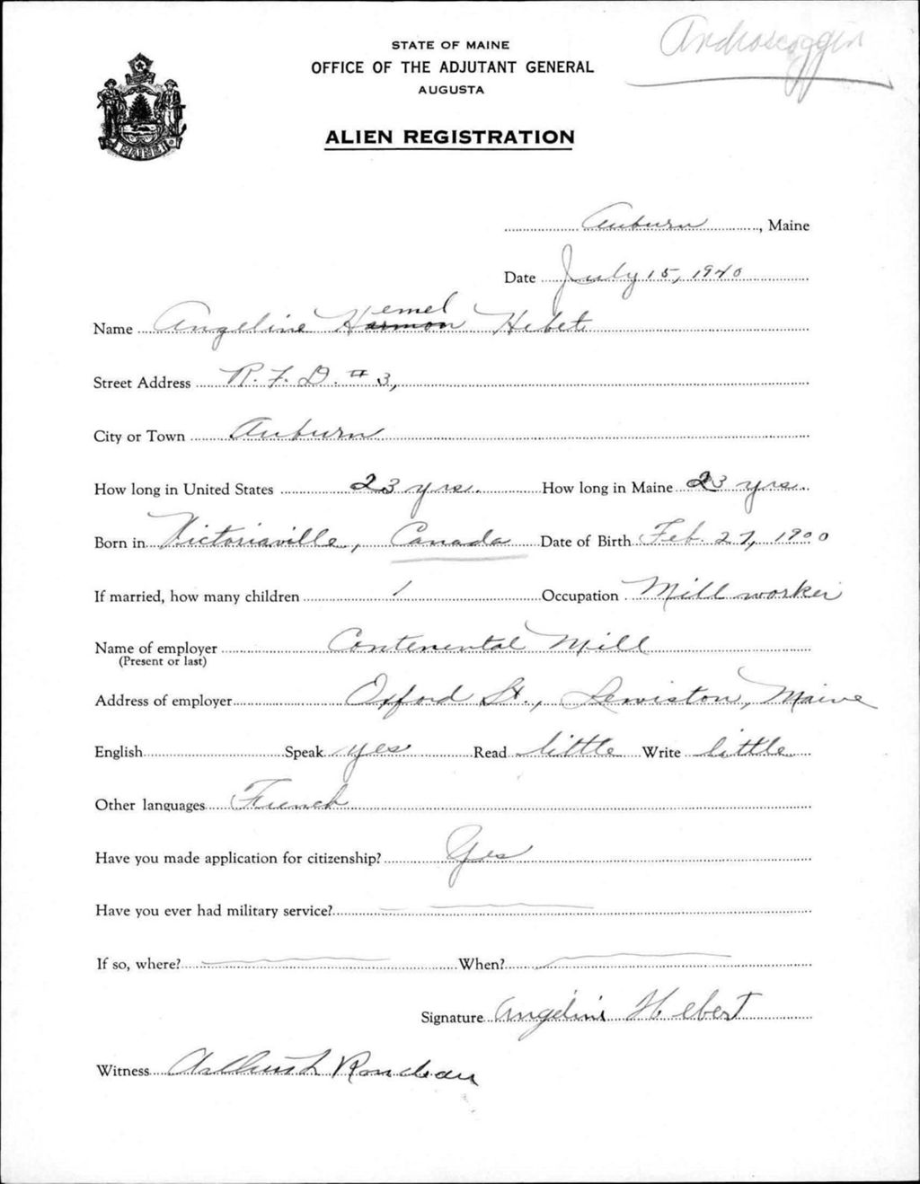 Miniature of Alien Registration- Hemel, Angeline (Auburn, Androscoggin County)