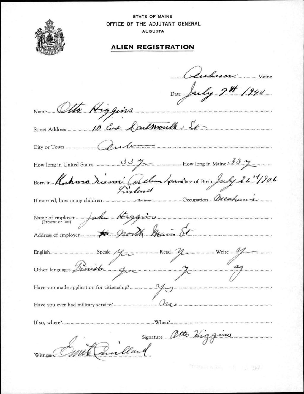 Miniature of Alien Registration- Higgins, Otto (Auburn, Androscoggin County)