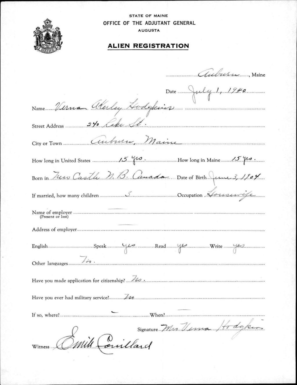 Miniature of Alien Registration- Akerley, Verna (Auburn, Androscoggin County)