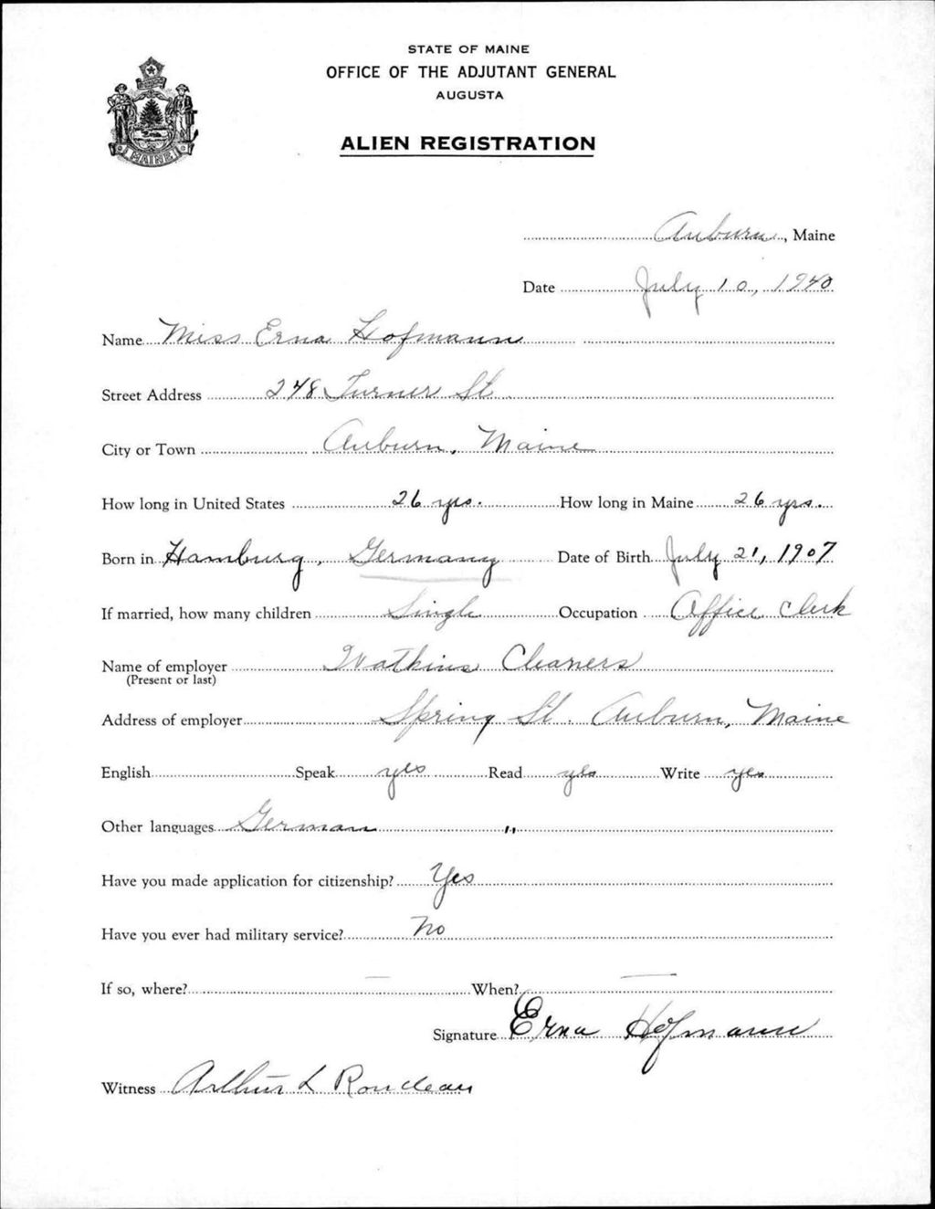 Miniature of Alien Registration- Hofmann, Erna (Auburn, Androscoggin County)