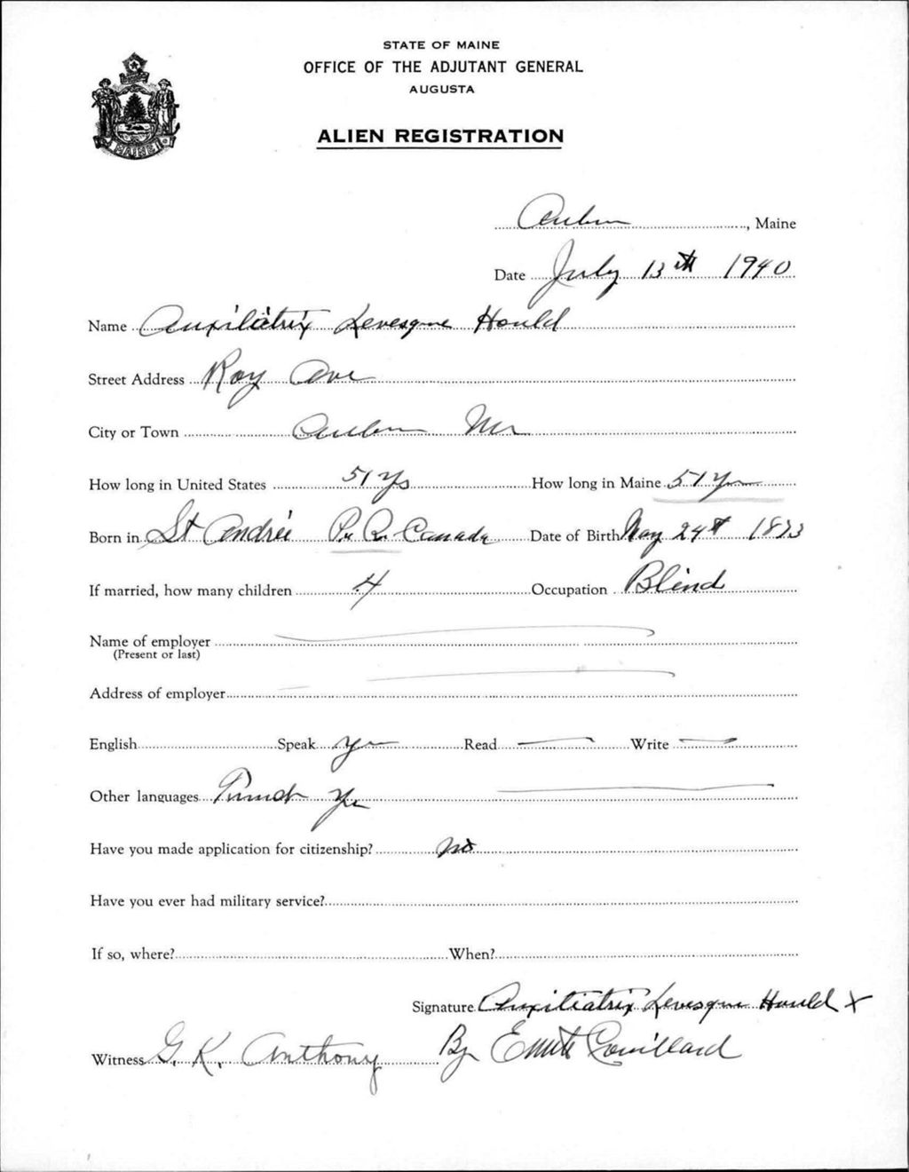 Miniature of Alien Registration- Levesque, Aupslatrix (Auburn, Androscoggin County)