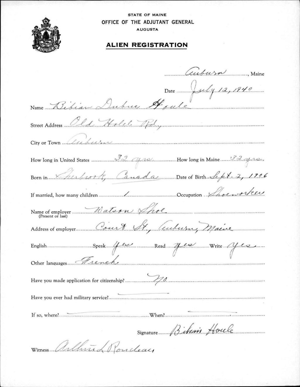 Miniature of Alien Registration- Dubuc, Bibian (Auburn, Androscoggin County)