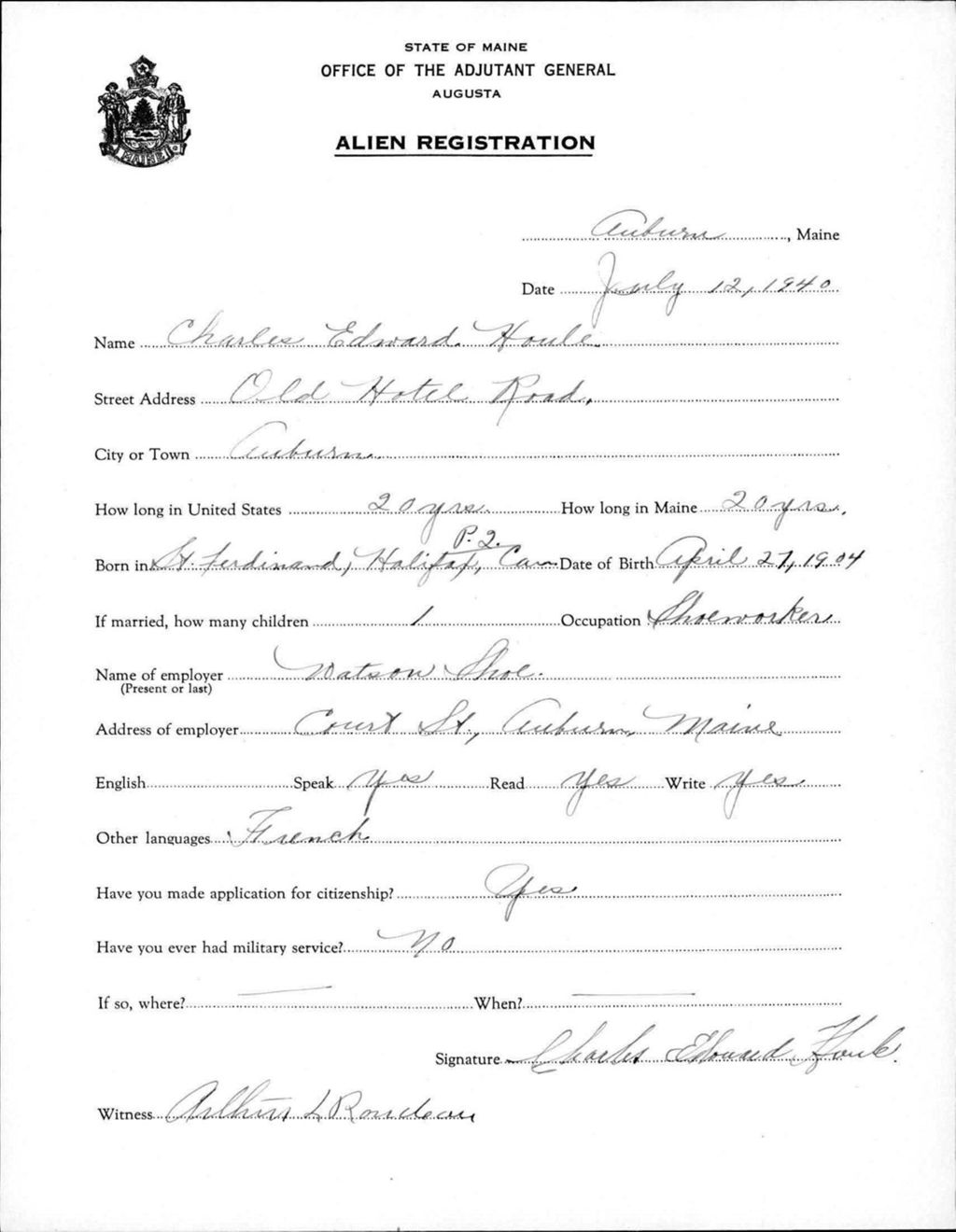 Miniature of Alien Registration- Houle, Charles E. (Auburn, Androscoggin County)