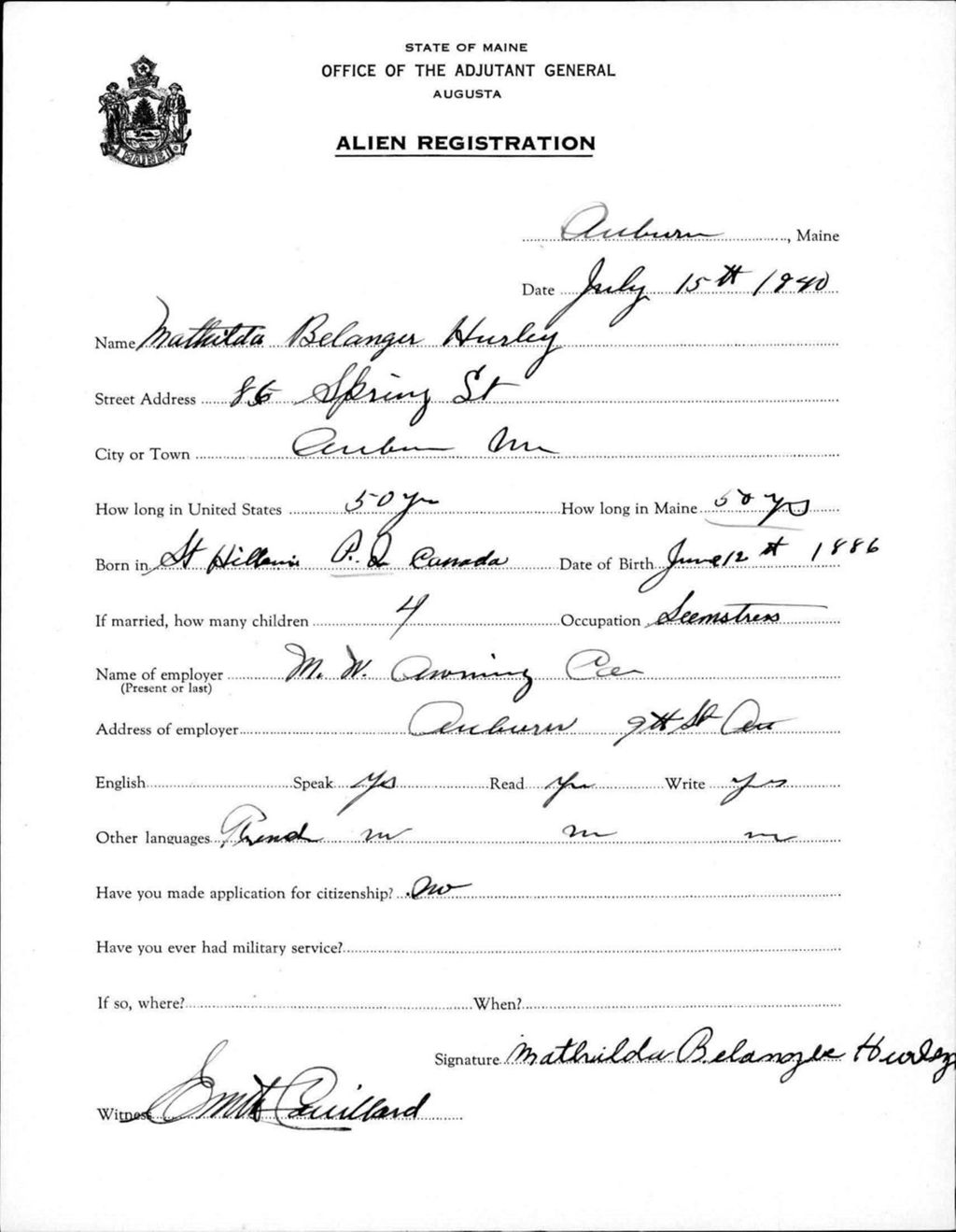 Miniature of Alien Registration- Belanger, Mattilda (Auburn, Androscoggin County)