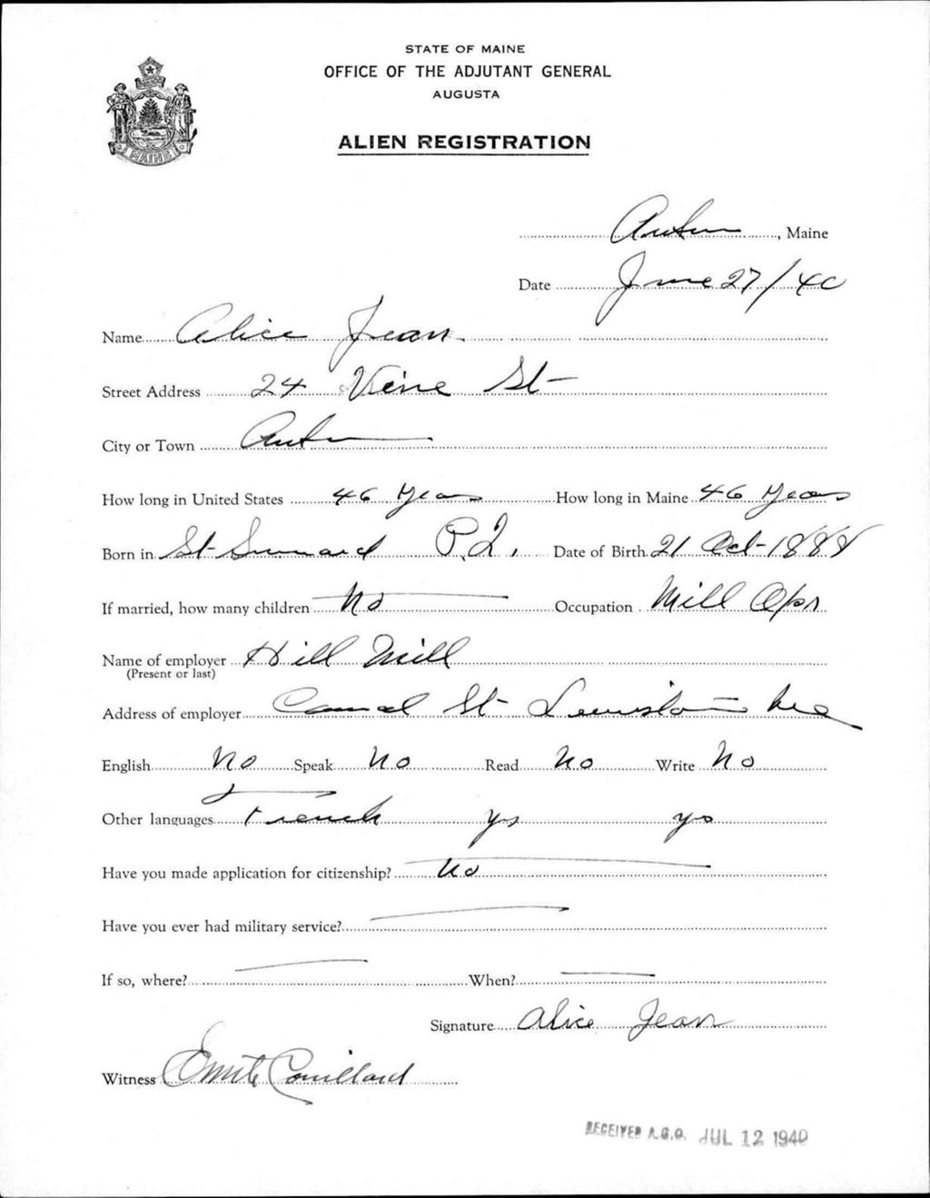 Miniature of Alien Registration- Jean, Alice (Auburn, Androscoggin County)