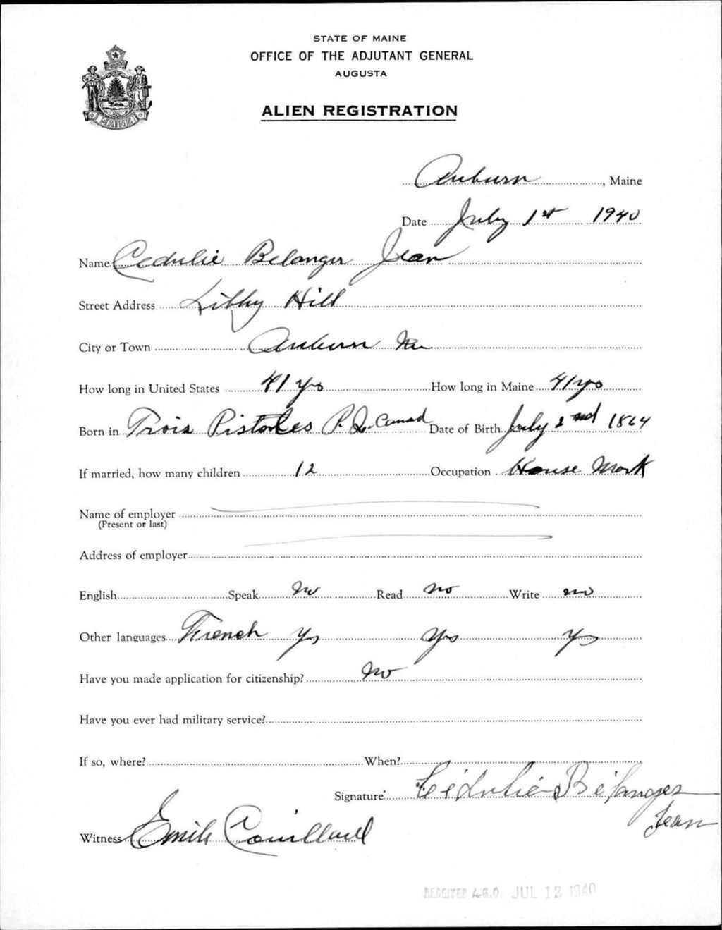 Miniature of Alien Registration- Belanger, Cedulie (Auburn, Androscoggin County)
