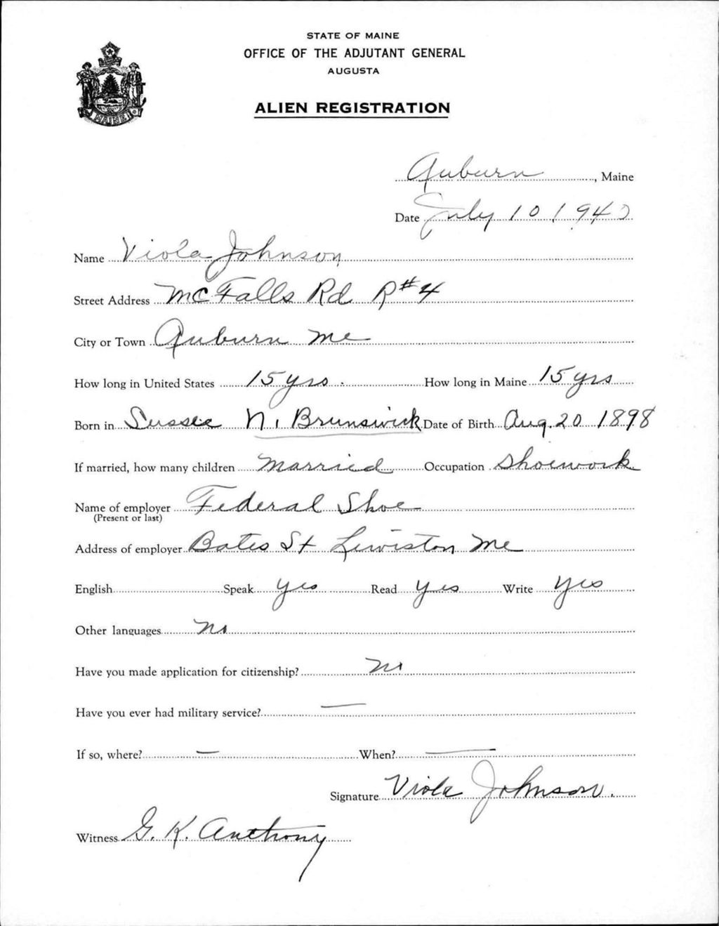 Miniature of Alien Registration- Johnson, Viola (Auburn, Androscoggin County)