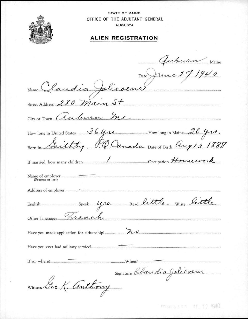 Miniature of Alien Registration- Jolicoeur, Claudia (Auburn, Androscoggin County)