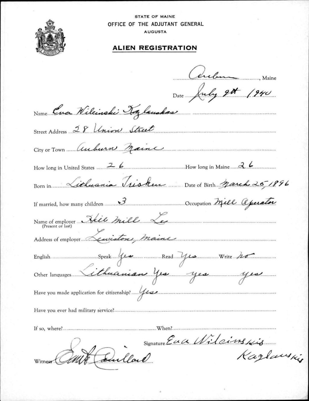 Miniature of Alien Registration- Wilcinski, Eva (Auburn, Androscoggin County)