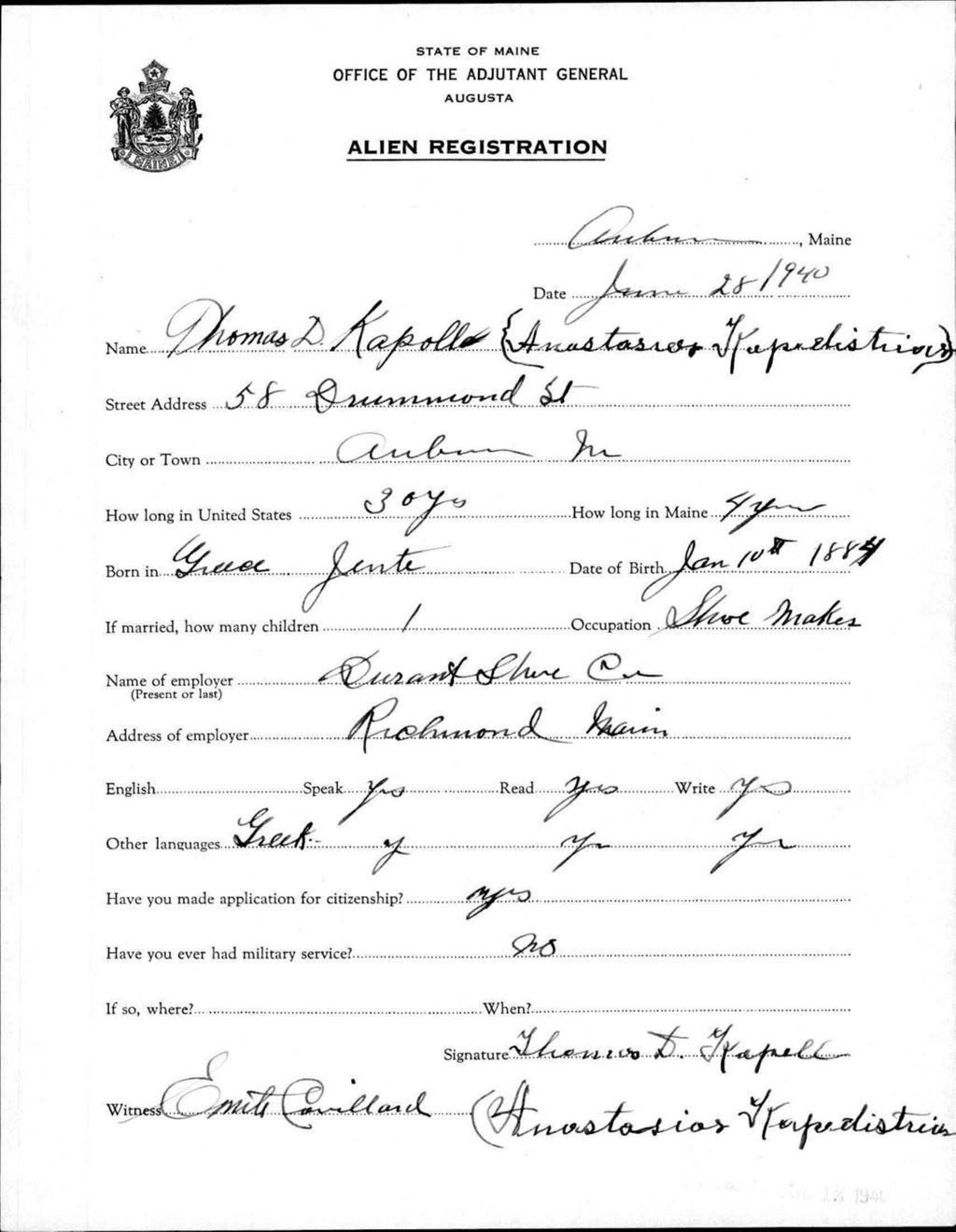 Miniature of Alien Registration- Kapollo, Thomas D. (Auburn, Androscoggin County)