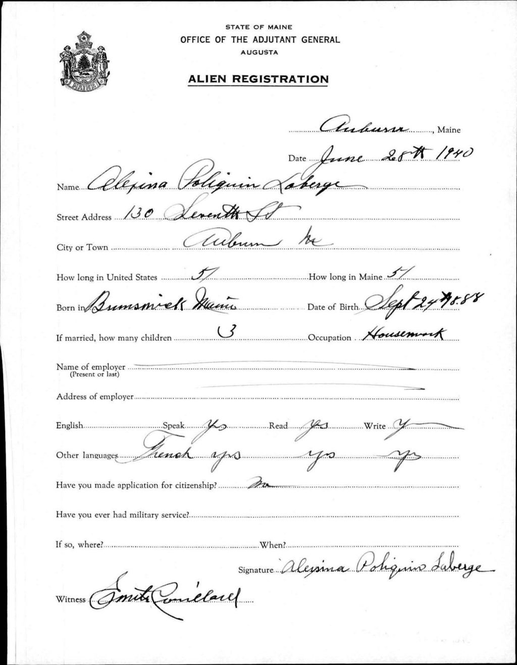 Miniature of Alien Registration- Polquin, Alexina (Auburn, Androscoggin County)